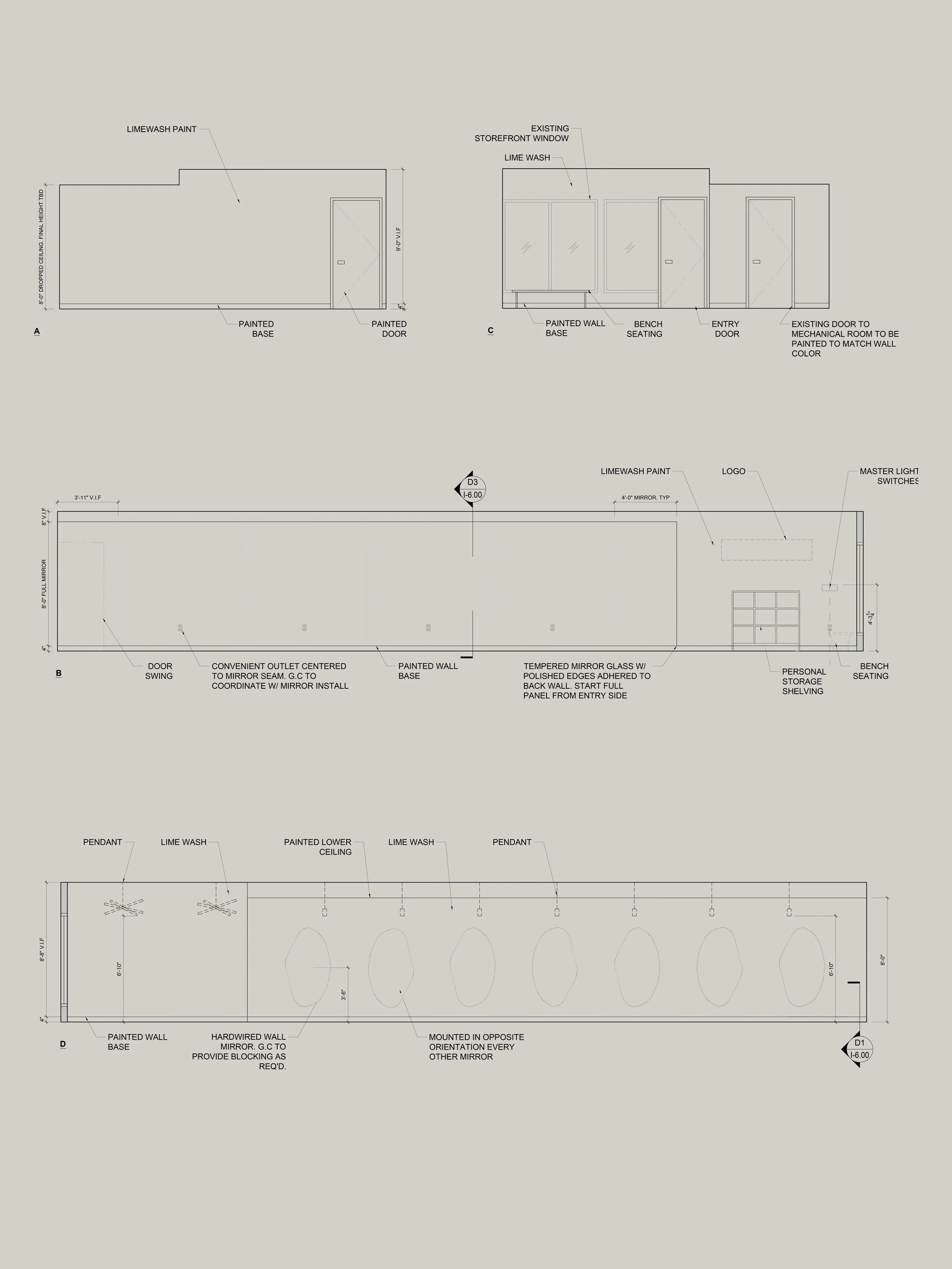 Architectural design plans featuring elevation views of a building section with detailed annotations, showing limewash paint, painted base, storefront windows, bench seating, entry doors, mirrors, pendants, and lighting switches.