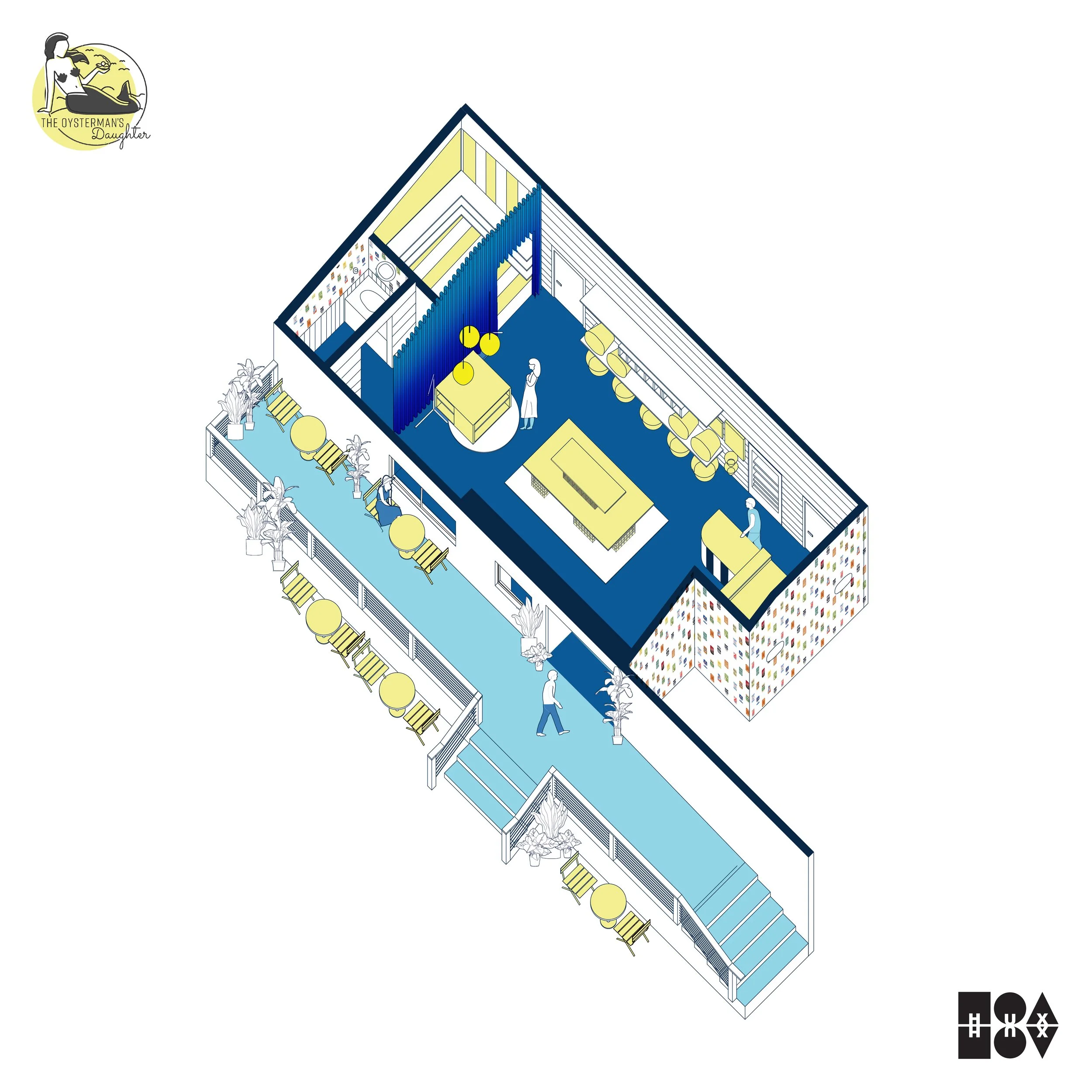 Isometric 3D rendering of a restaurant interior layout, featuring dining tables, a booth, a counter area, and an outdoor seating section with plants and umbrellas.