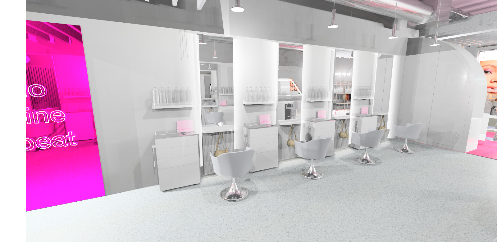 Modern hair salon interior with white styling stations, mirrors, white chairs, and shelves holding bottles. A pink neon sign reads "shine repeat."