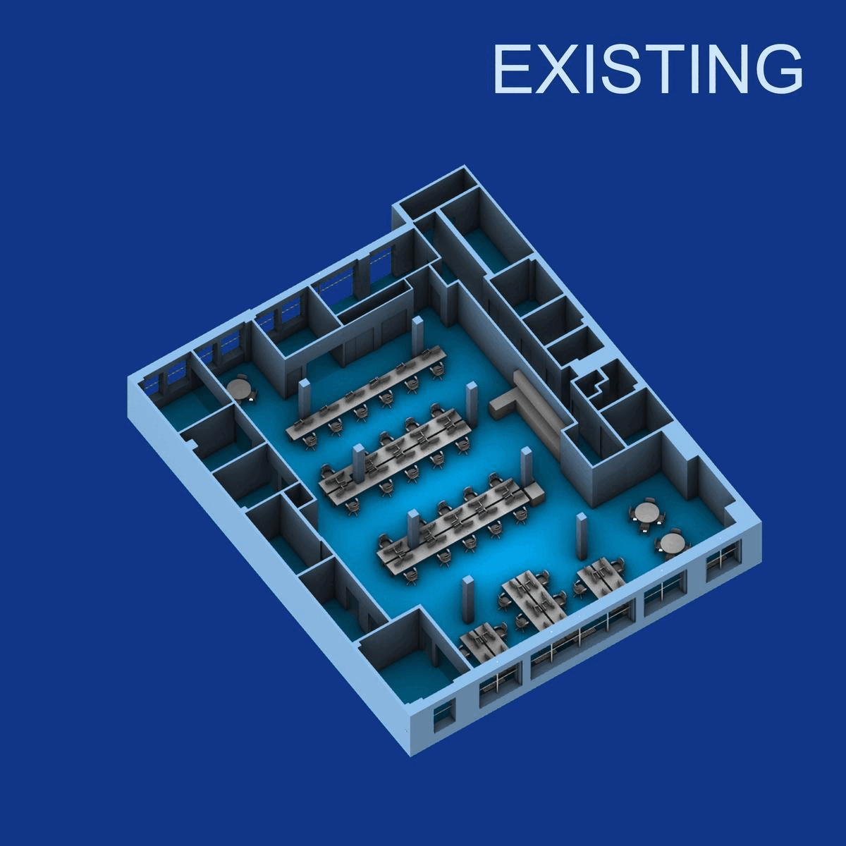 3D floor plan layout with labeled 'EXISTING'. The room contains desks, chairs, and tables, suggesting an office or workspace design on a blue background.