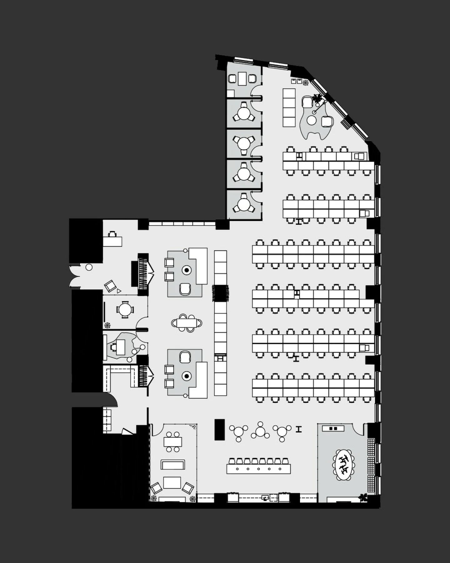 Our vision for Nike Communications&rsquo; New York office floor plan was driven by workflow, hospitality, and flexibility. We organized open work areas, private offices, and adaptable meeting spaces around a central reception and lounge, creating a c