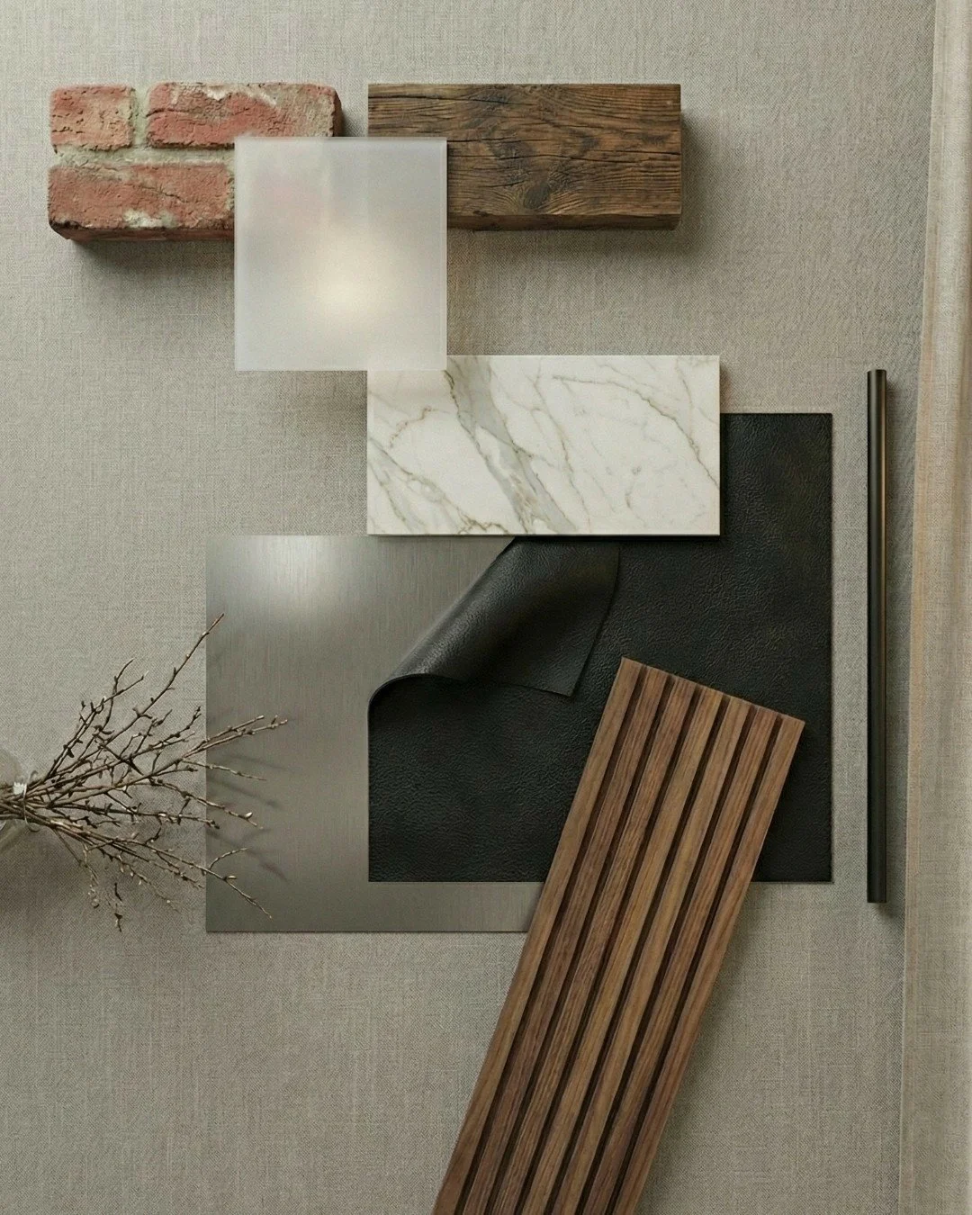 A study in contrast and restraint for a past residential project. Brushed stainless steel, white Carrara marble, black top-grain leather, frosted glass, soft linen drapery, and reclaimed wood flooring come together to create a space that feels both g