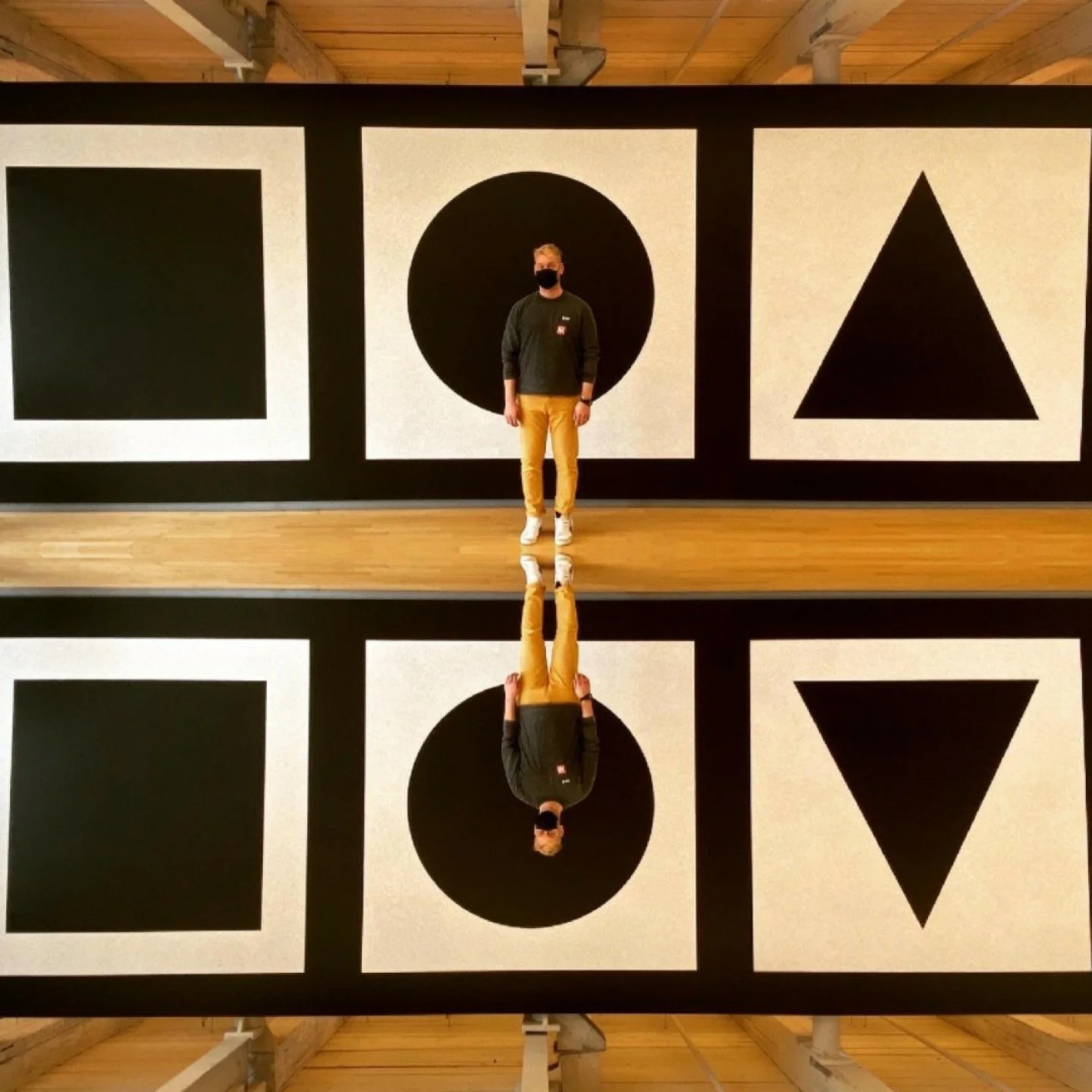 Three fundamental geometric shapes. The building blocks of everything.  Here is an image of our founder, Justin Huxol, standing in front of Sol LeWitt's wall drawing retrospective at Mass MoCA... re-lensed as we envisioned the genesis of our HUXHUX l