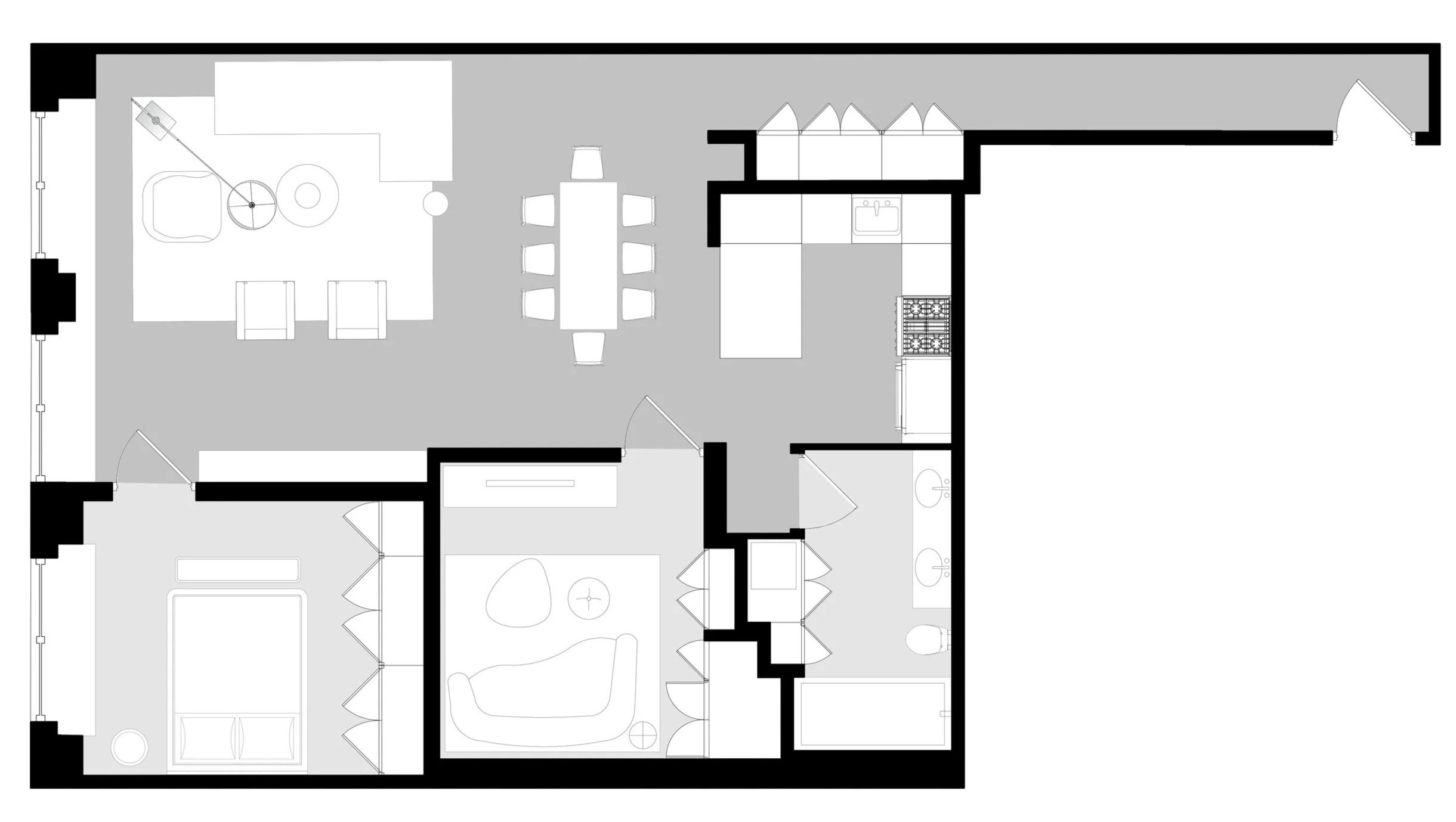 A floor plan of an apartment showing a bedroom, a bathroom, a living room, a dining area, and a kitchen.