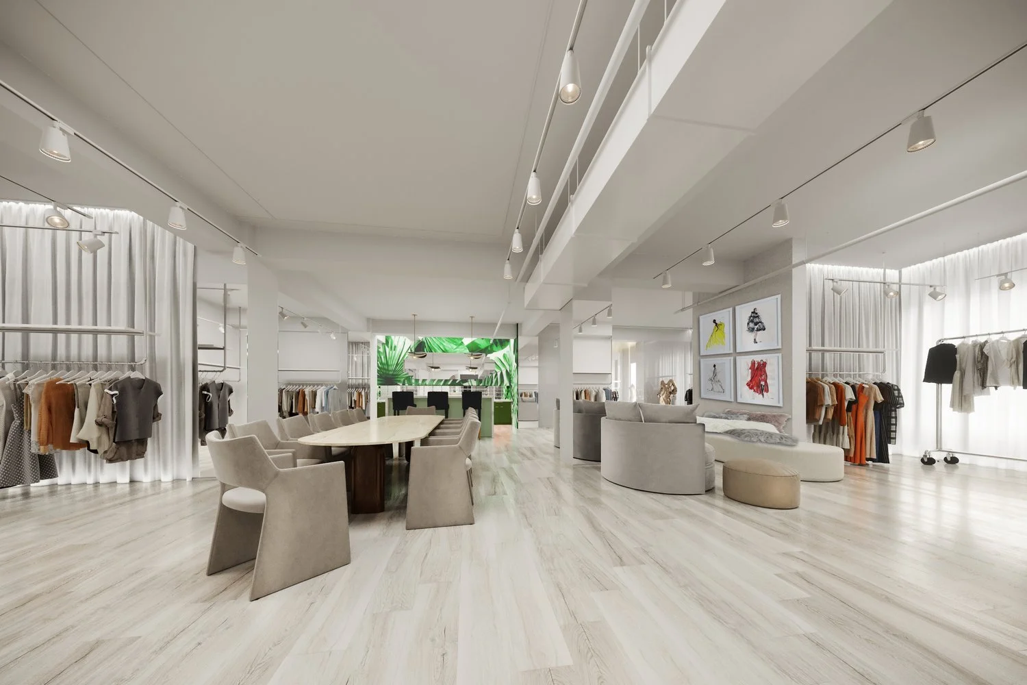 Modern fashion boutique interior with clothing racks, a large table with chairs, lounge area, and framed artwork on the walls.