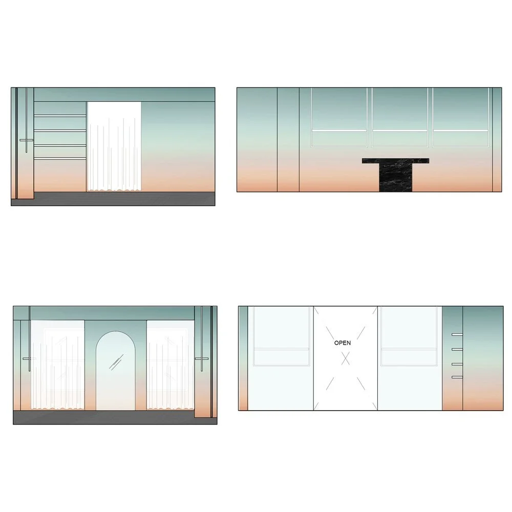 A set of four interior design sketches showing different wall perspectives. Each sketch features a gradient color scheme transitioning from teal at the top to peach at the bottom, with various architectural elements like shelves, panels, and a black marble detail.