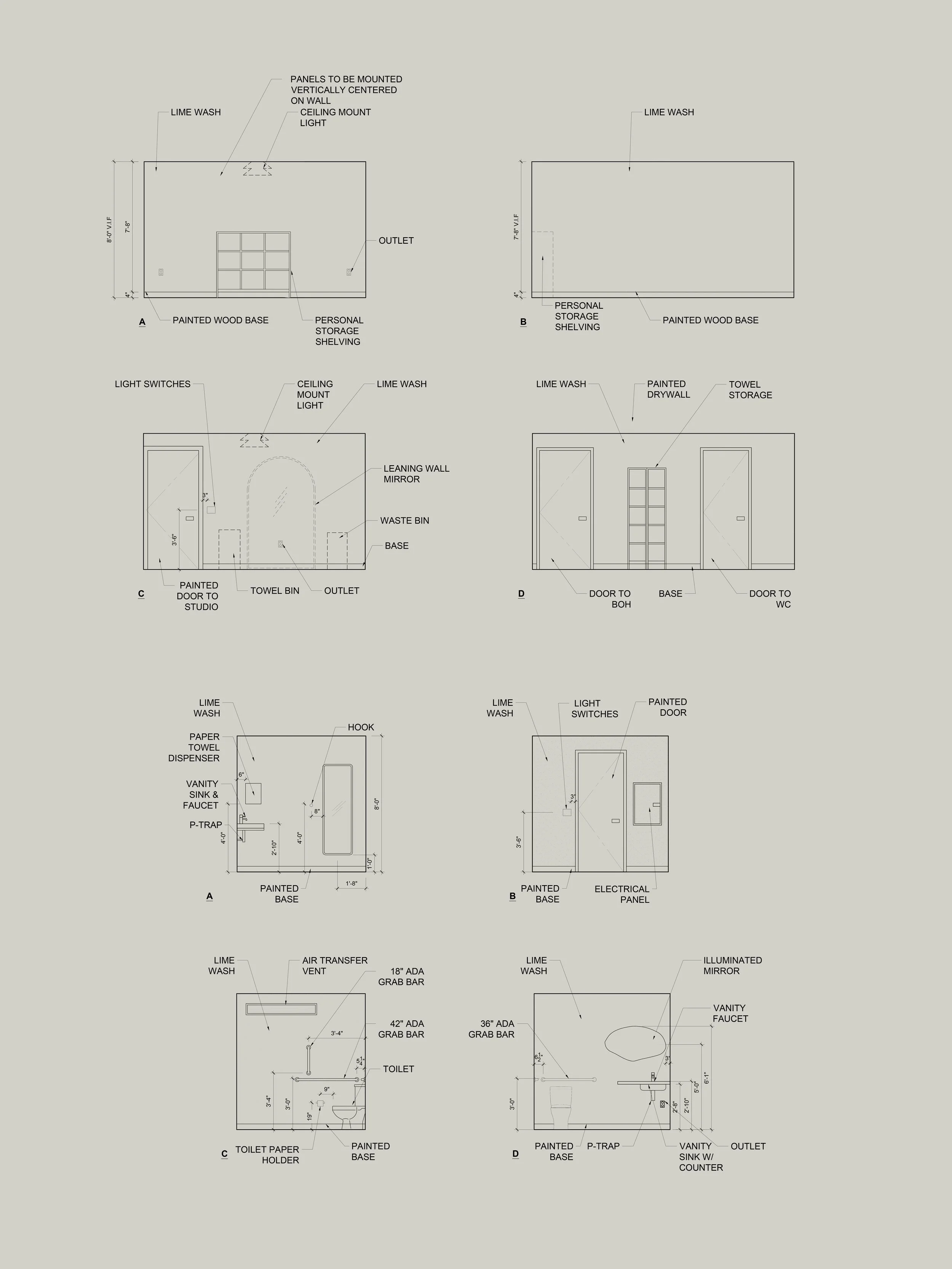 Architectural drawing with labeled sections showing wall panel layouts, storage solutions, and bathroom fixtures, including a vanity sink, lime wash finish, outlets, grab bars, and towel storage.