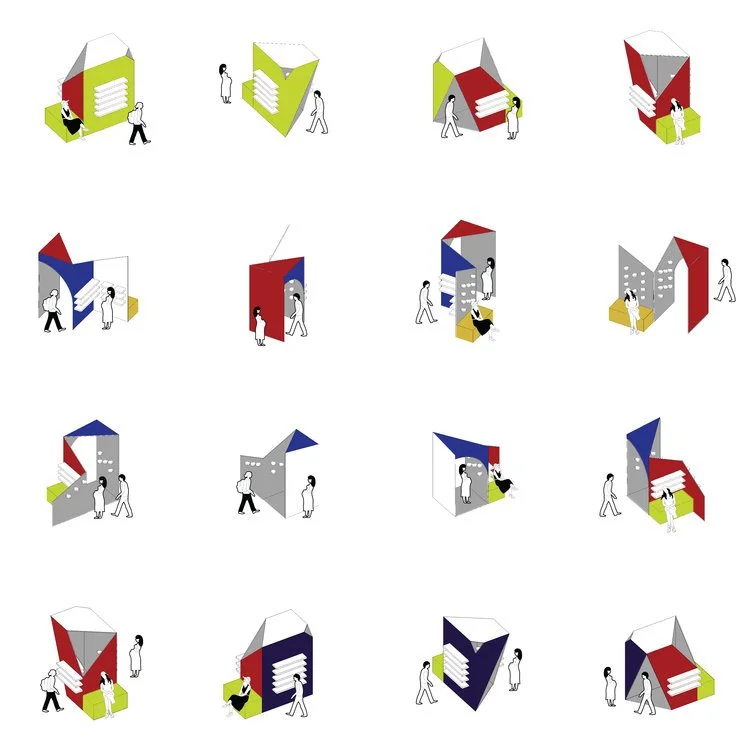Minimalist illustrations of small booths or kiosks with people interacting, featuring geometric shapes and colors like red, blue, yellow, and green.