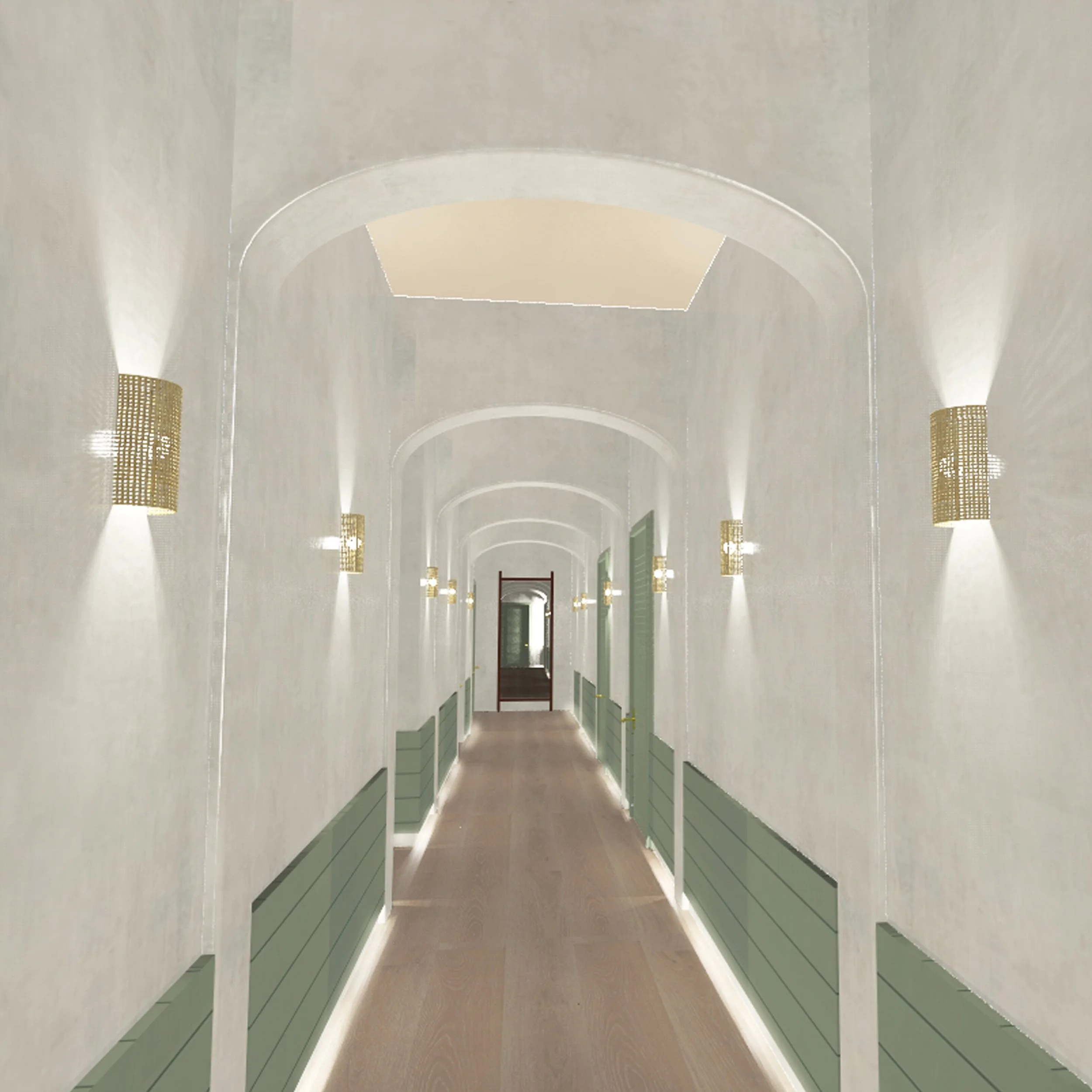 Modern, well-lit hallway with arched ceiling and wall sconces