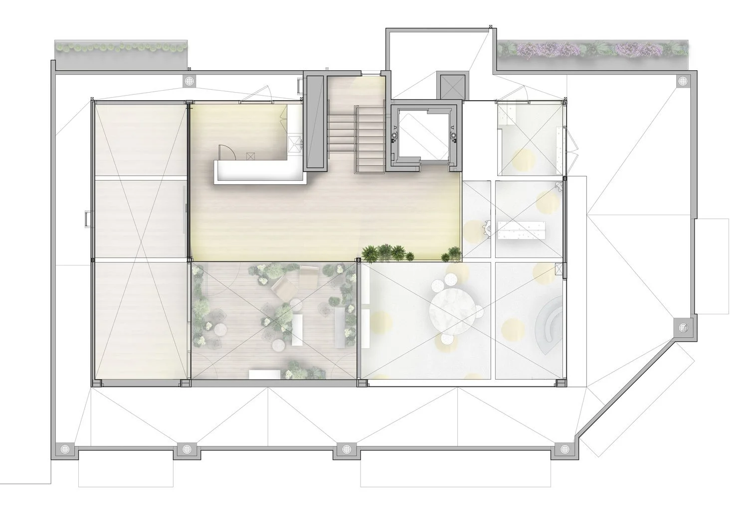 Architectural floor plan of a modern building, featuring open spaces, stairs, seating areas, and plants.