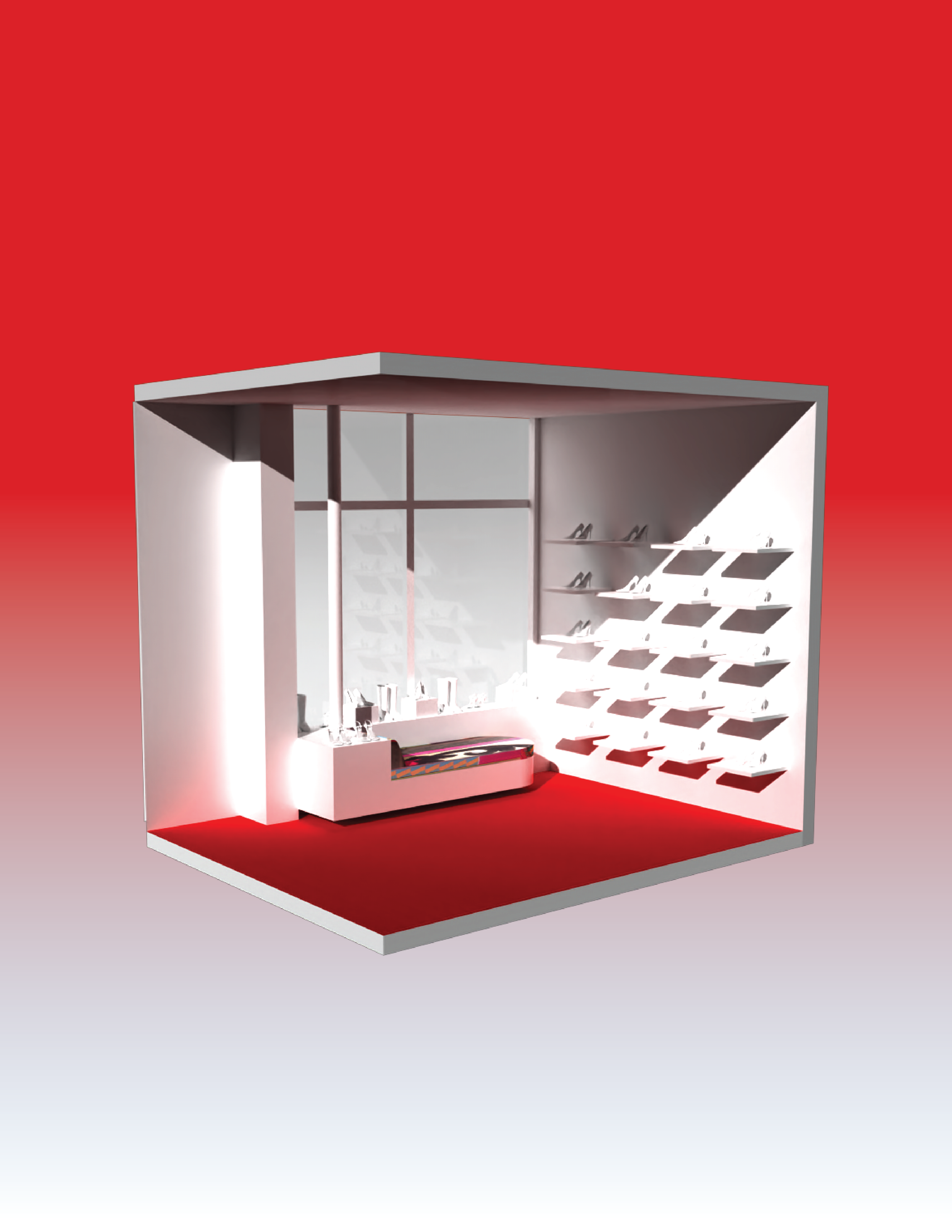 Modern store display with shelves and counter against red and white background.