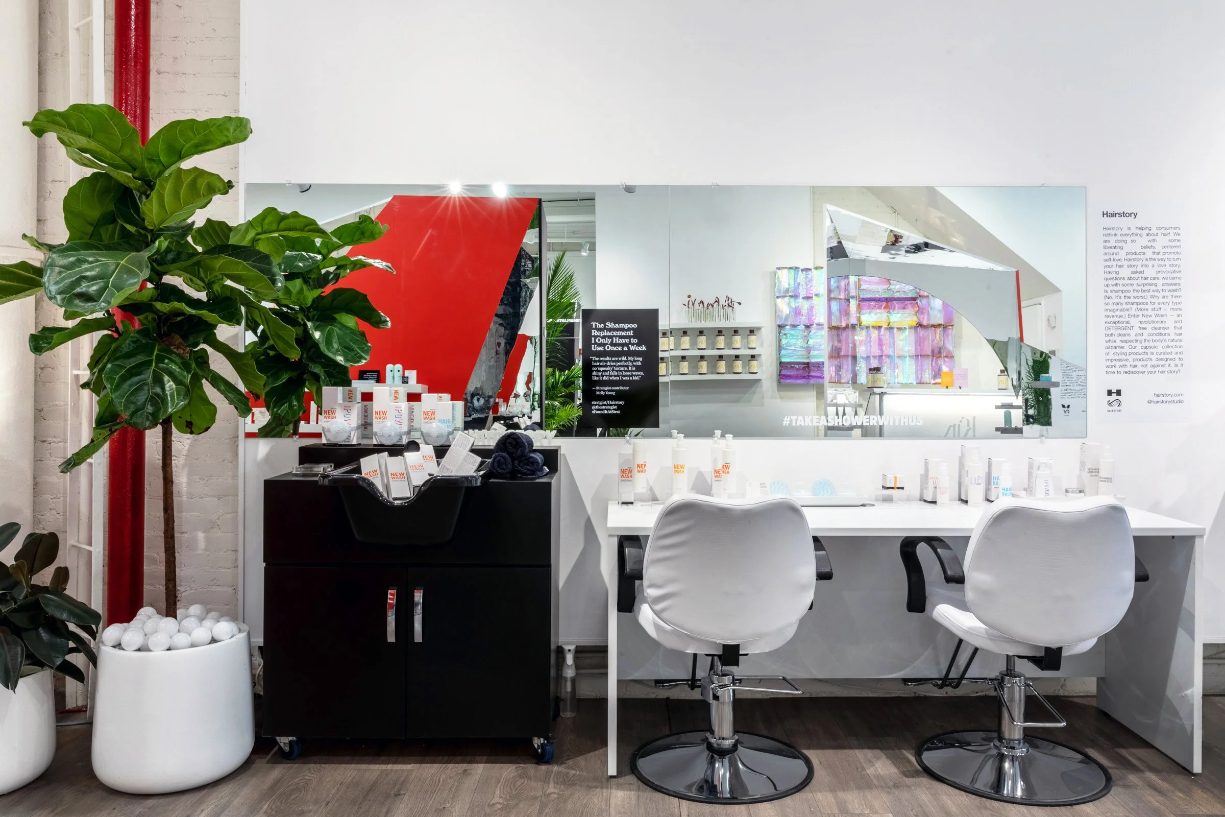 Salon interior with a large mirror, chairs, a variety of haircare products, a wall sign, and a green plant in a white pot.