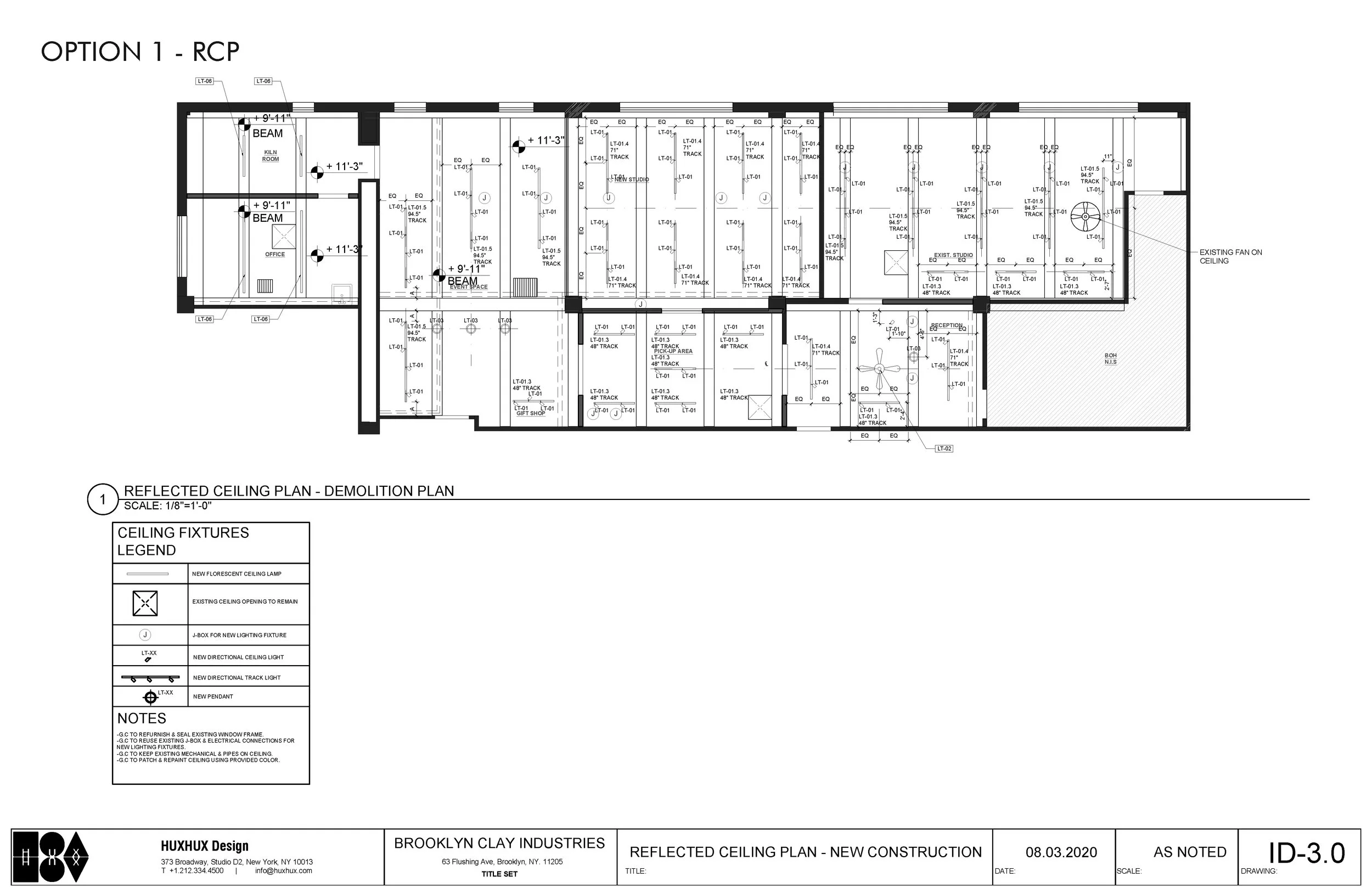 Architectural reflected ceiling plan labeled 'Option 1 - RCP' for Brooklyn Clay Industries, showing layout of ceiling fixtures, beams, and ventilation. Includes legend for ceiling fixtures like fluorescent lamps, ceiling fans, and directional lights. Dated August 3, 2020, by HUXHUX Design.