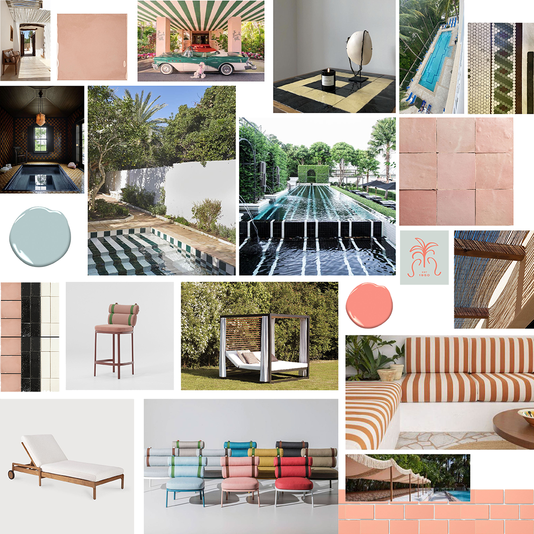 Collage with images of modern furniture, outdoor pools, vintage car, and colorful decor accents. Features striped patterns, greenery, and architectural elements with pink and blue tones.