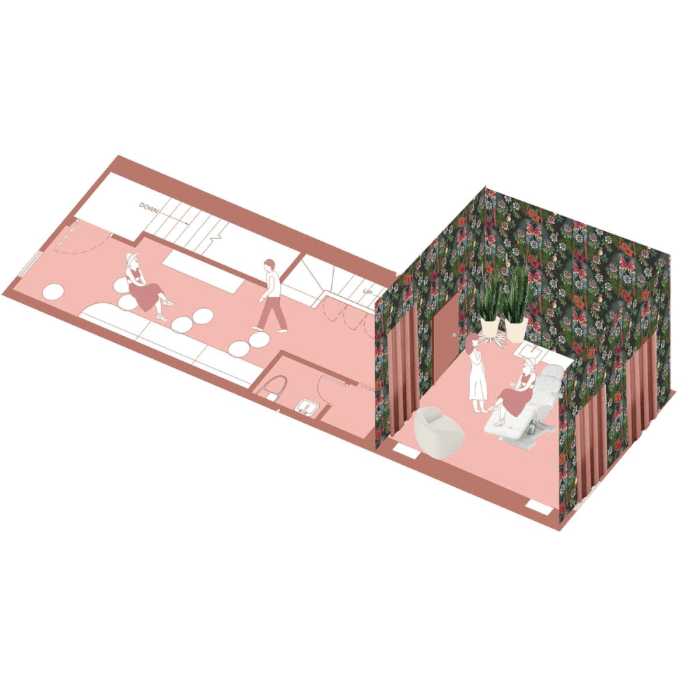 Isometric illustration of a room layout with floral patterned walls, showing two separate areas. One area features people interacting and sitting on bean bags with a patterned floor, while the other displays a person walking through a hallway with furniture.