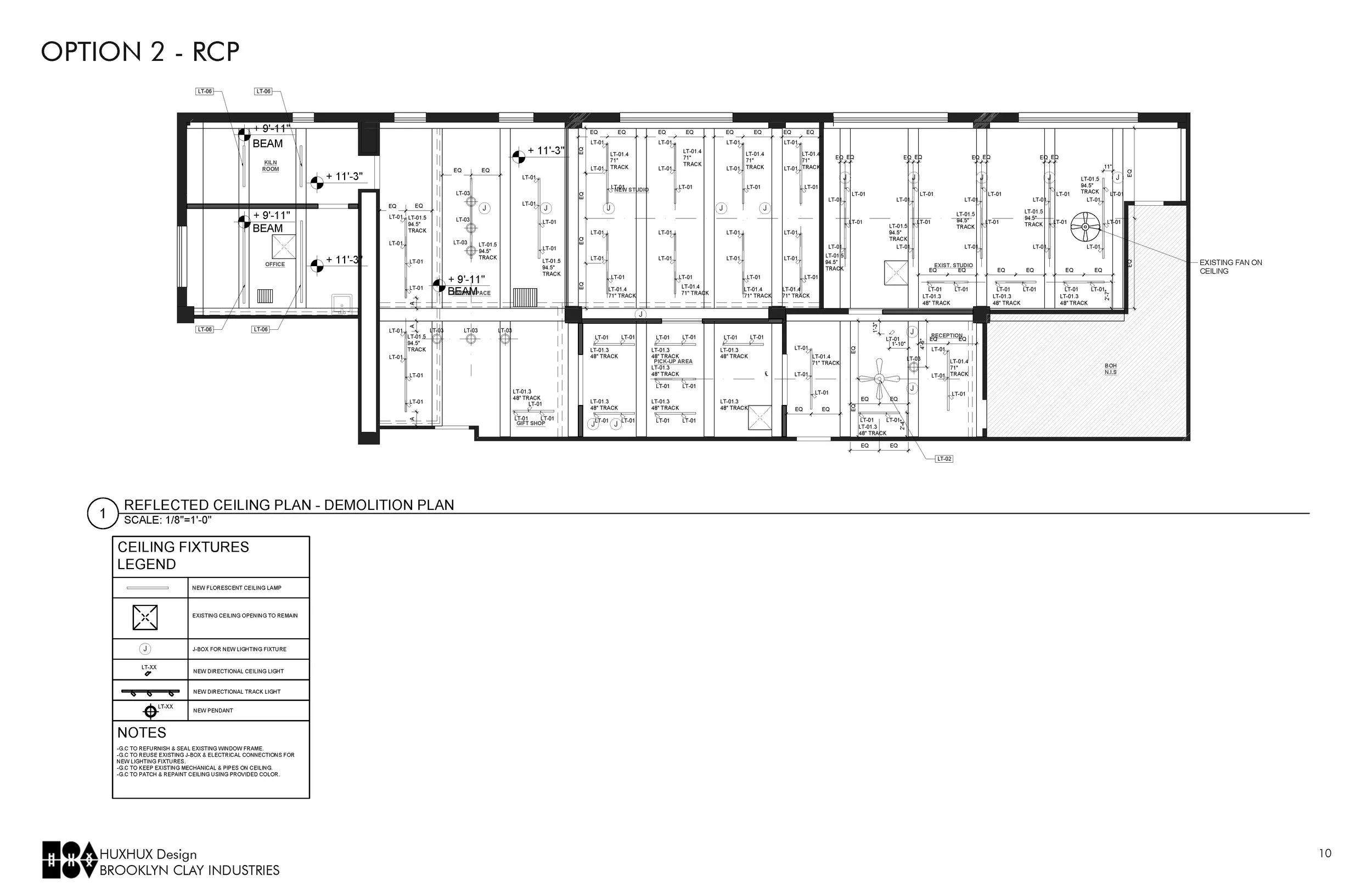 Reflected ceiling plan and demolition plan for Brooklyn Clay Industries, showing layout of ceiling fixtures, beams, rooms, and existing fans. Includes a legend with symbols for various lighting fixtures and notes on construction details, scale is 1/8"=1'-0".