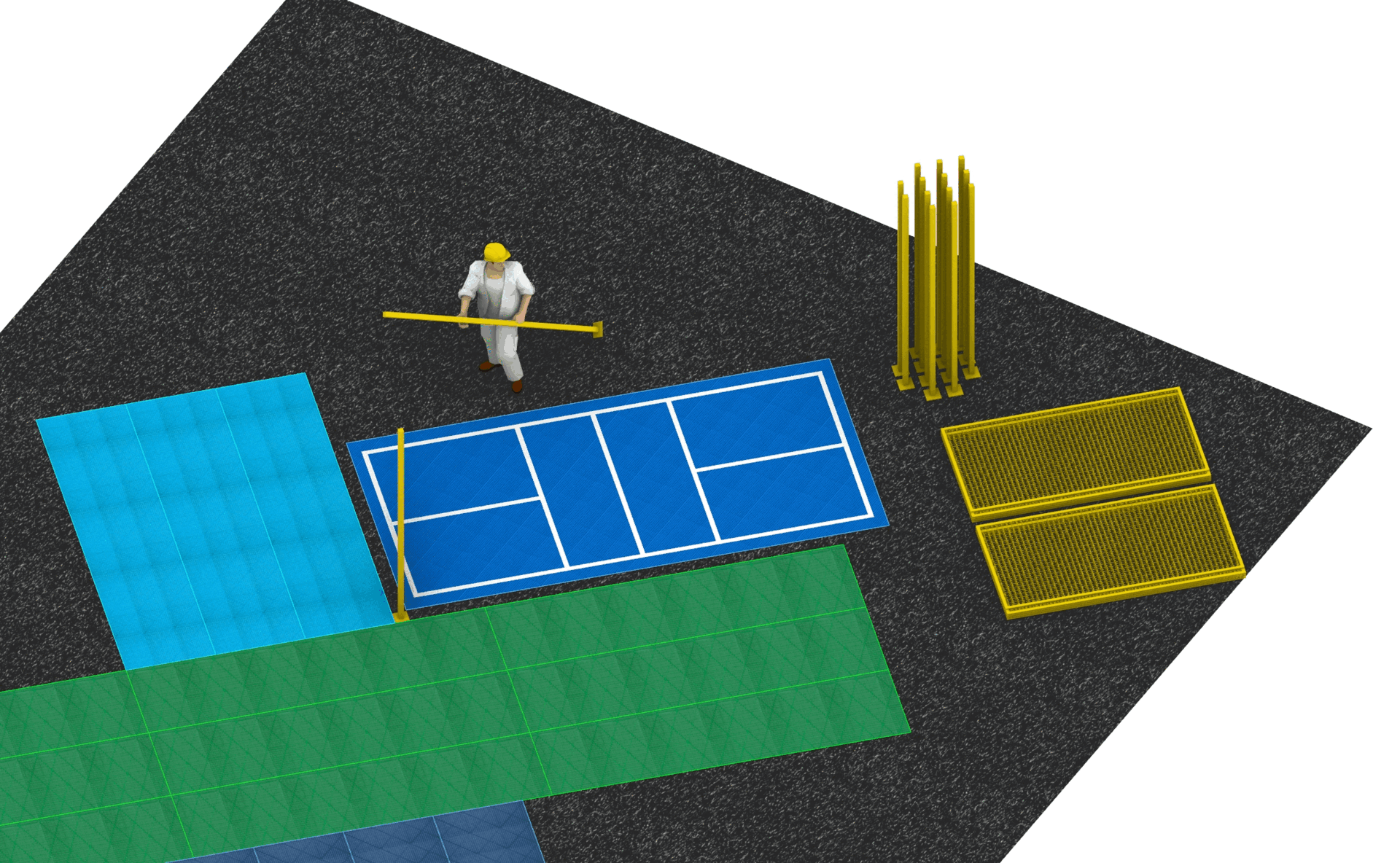 Illustration of a construction worker with a yellow helmet holding a pole, surrounded by blue and green mats, metal gratings, and yellow posts on a textured surface.