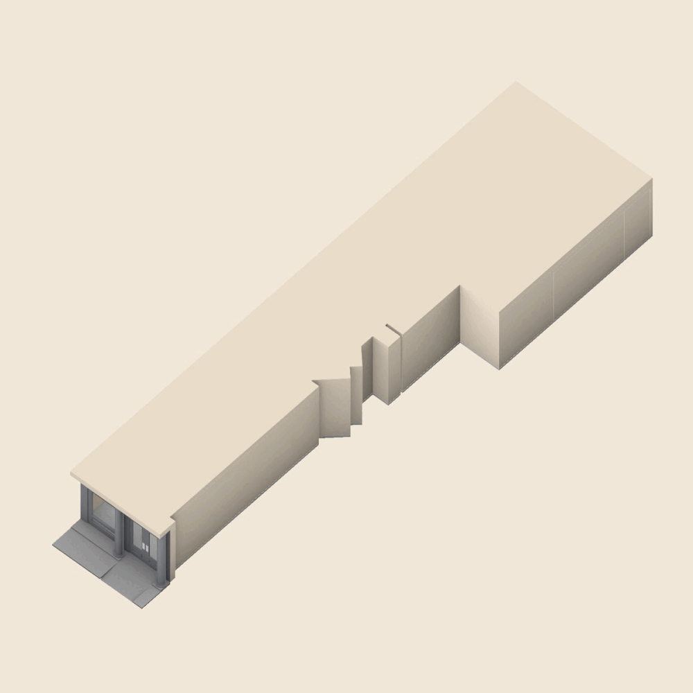 Isometric view of a simplified building model with beige exterior and rectangular shape