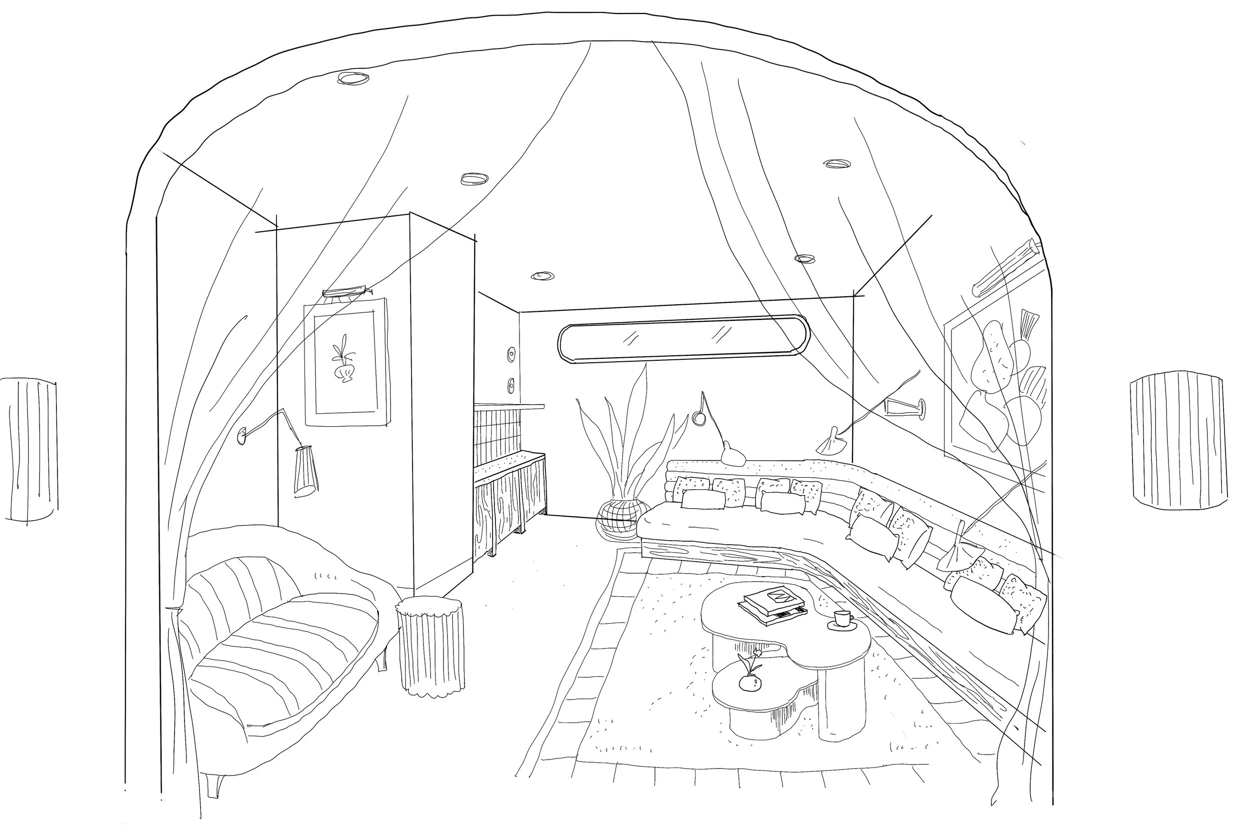 Line drawing of a modern living room interior with a curved couch, coffee table, potted plant, wall art, and pendant lights.