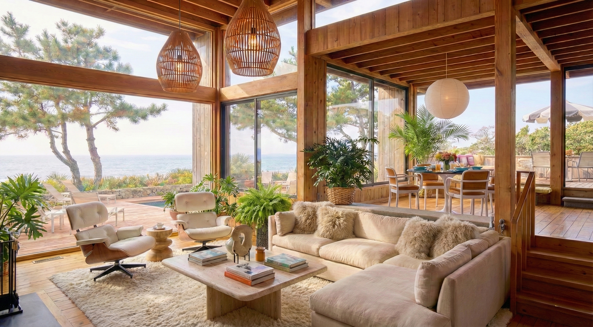 Aerial view of a beachfront house with a pool and people gathered for an event, surrounded by greenery and close to the ocean.