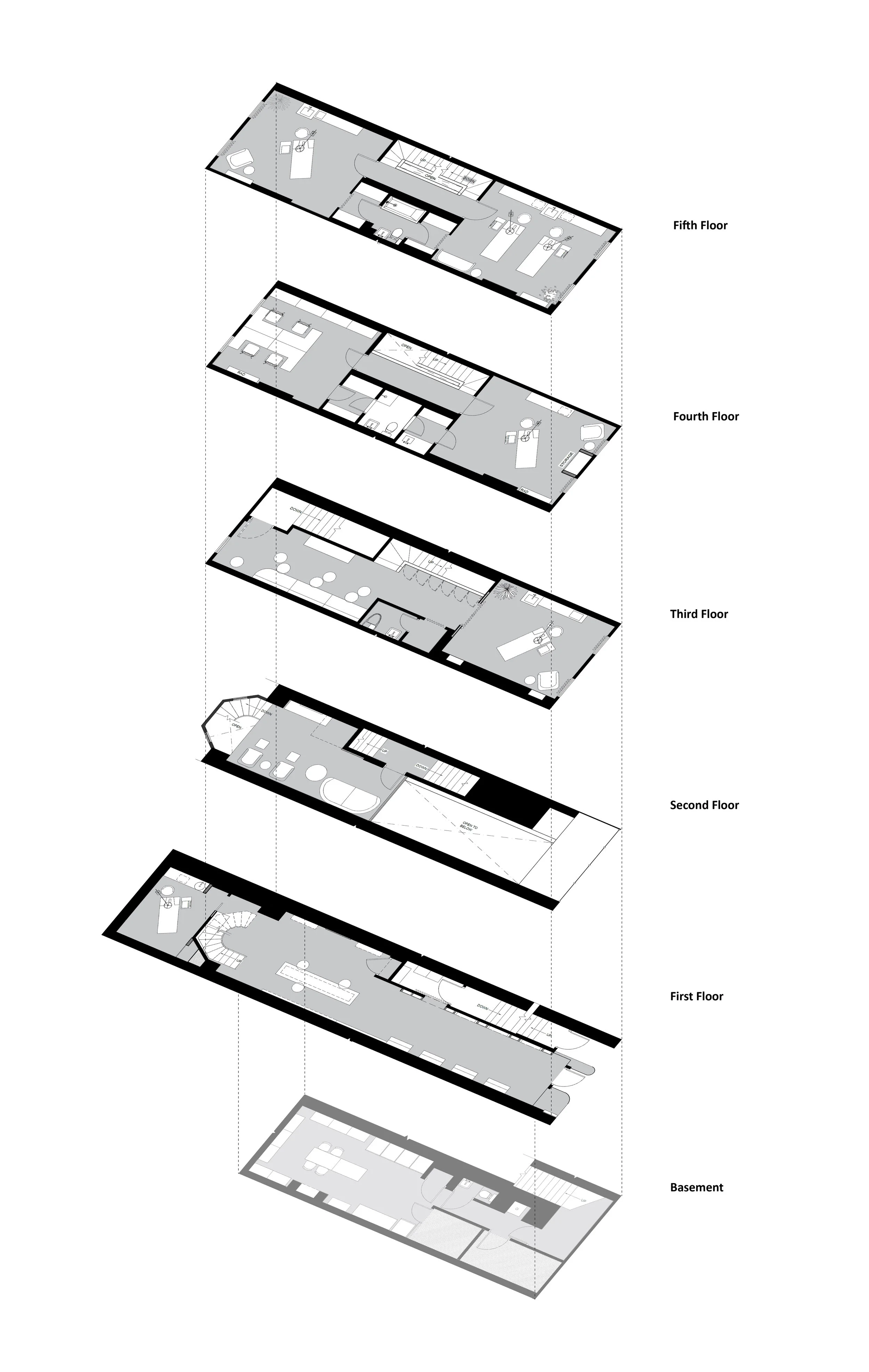 Exploded view of a building's floor plans from basement to fifth floor, showing layout details of each level, including rooms and furniture placement.
