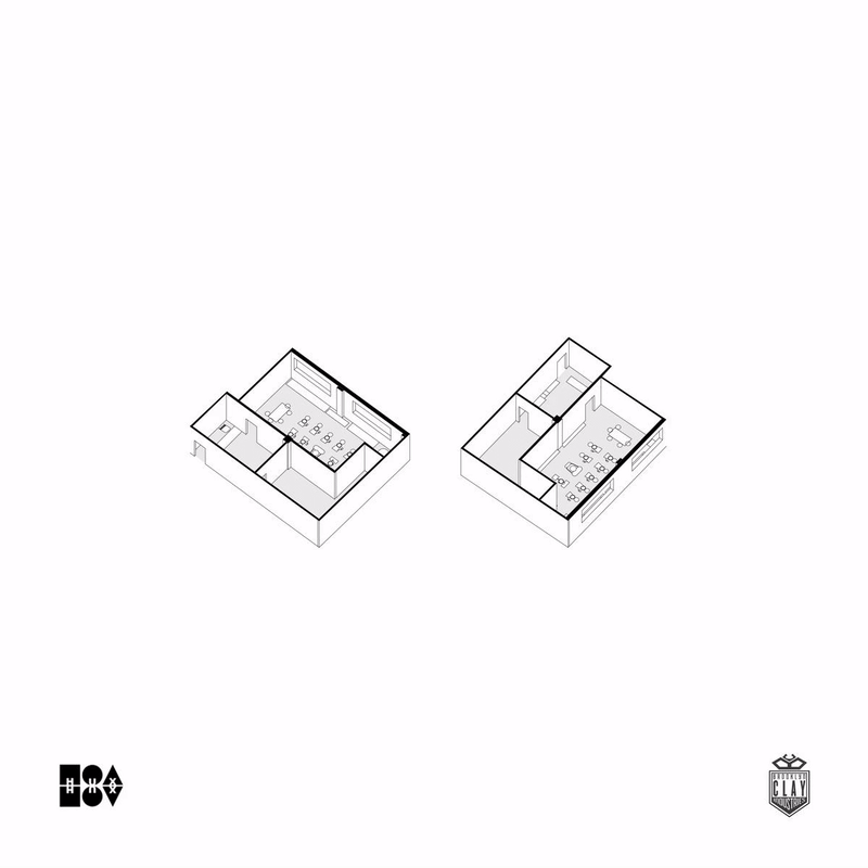 Isometric architectural floor plans with furniture layout and walls, featuring chairs and tables, on a white background.