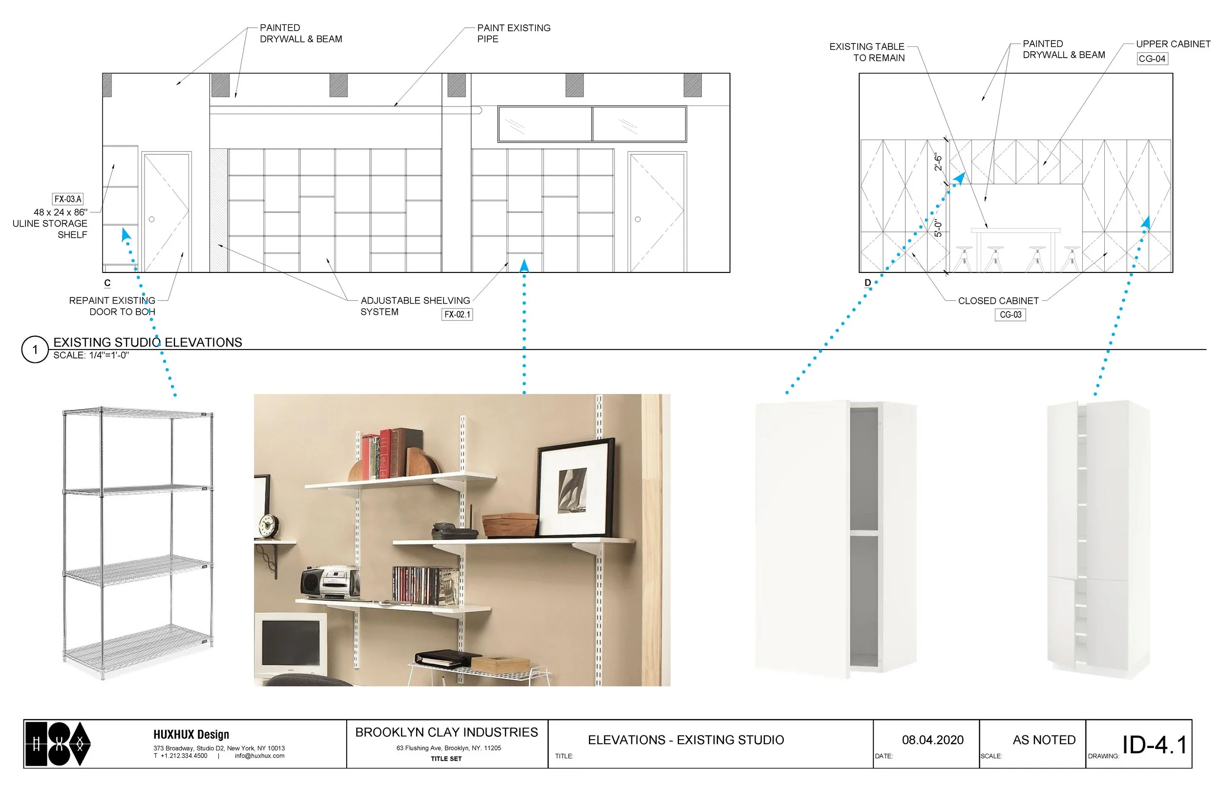 Design plan for an existing studio with diagrams and images of shelving and storage solutions, including wire shelving, adjustable wall shelves, and closed cabinets. Features include painted drywall and beams, paint existing pipe, and labeled specifications. HUXHUX Design logo and contact information present.