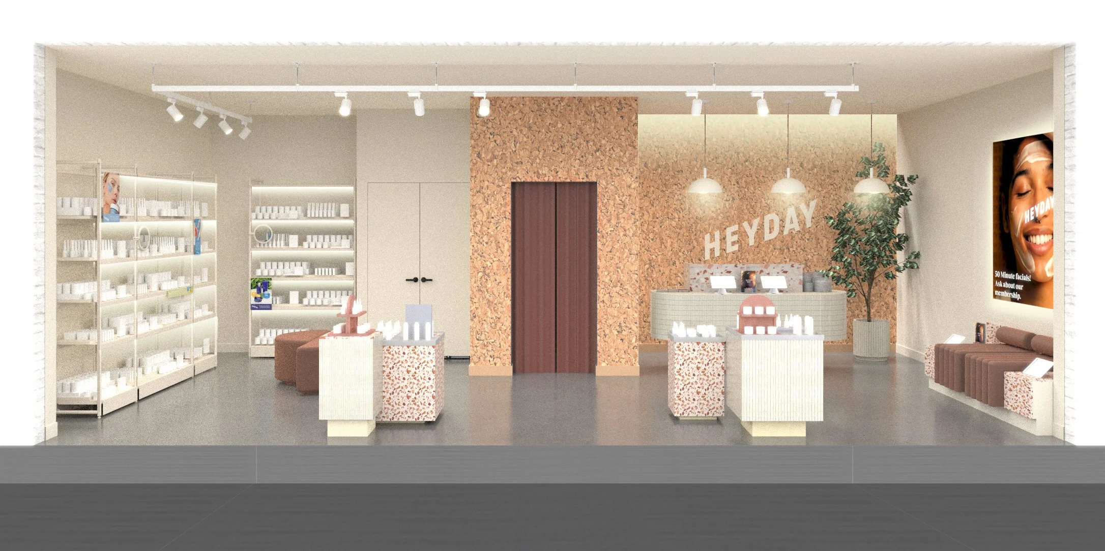 Interior of a modern spa or skincare store with products on shelves, comfortable seating, and a reception desk. The wall features the word "HEYDAY" and there's a large promotional image on one side.
