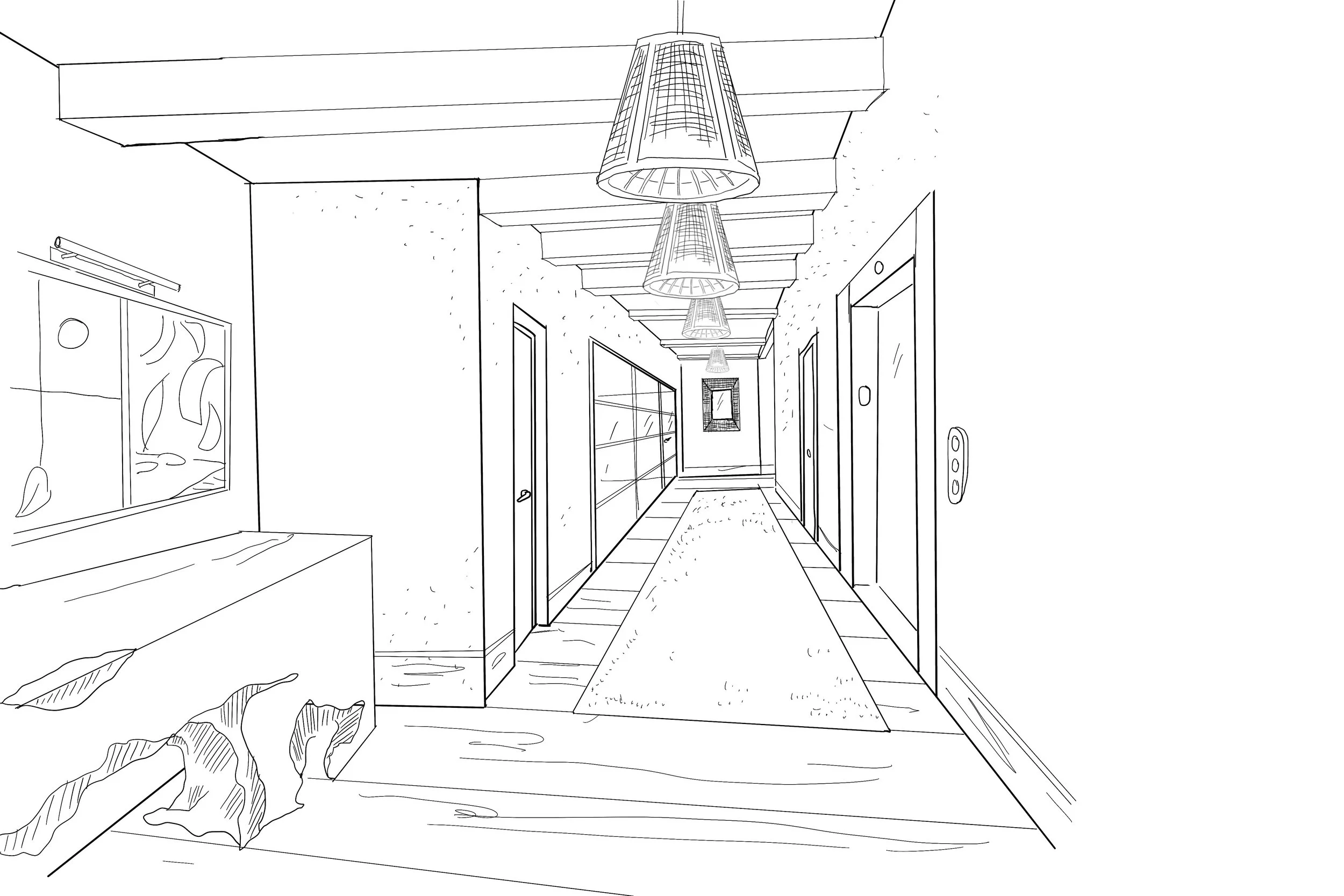 Line drawing of a hallway with ceiling lights, elevators, doors, a painting, and a rug.