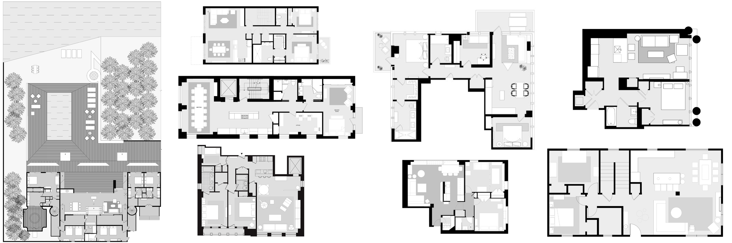 Collection of detailed architectural house floor plans and an outdoor landscape layout. The plans display multiple levels, rooms, and outdoor areas with furniture, trees, and pathways.