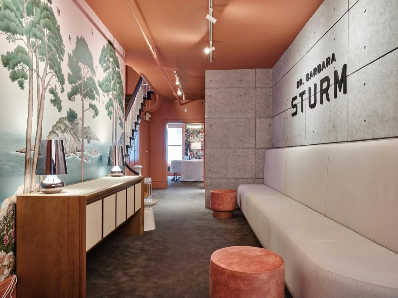 Interior of a modern waiting room with pastel-colored walls, mural featuring trees, and modern furniture, including a long white sofa, small round stools, and lamps. The name "Dr. Barbara Sturm" is visible on a wall.