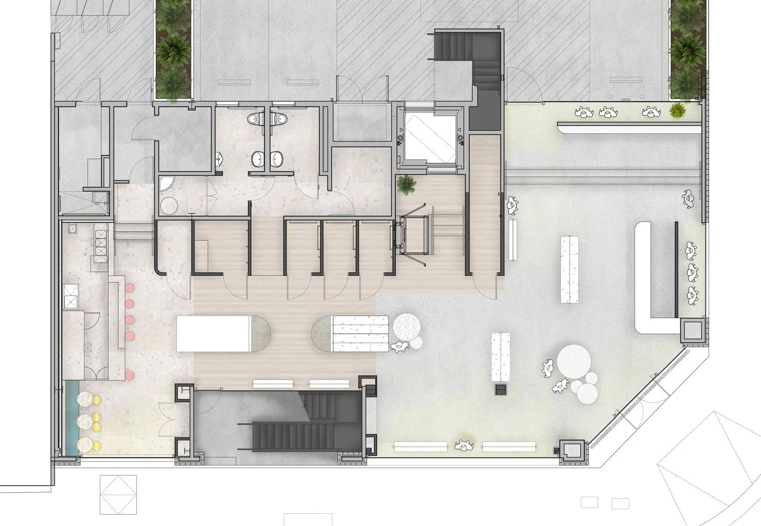 Architectural floor plan with furniture layout, including office spaces, conference rooms, seating areas, and restrooms.