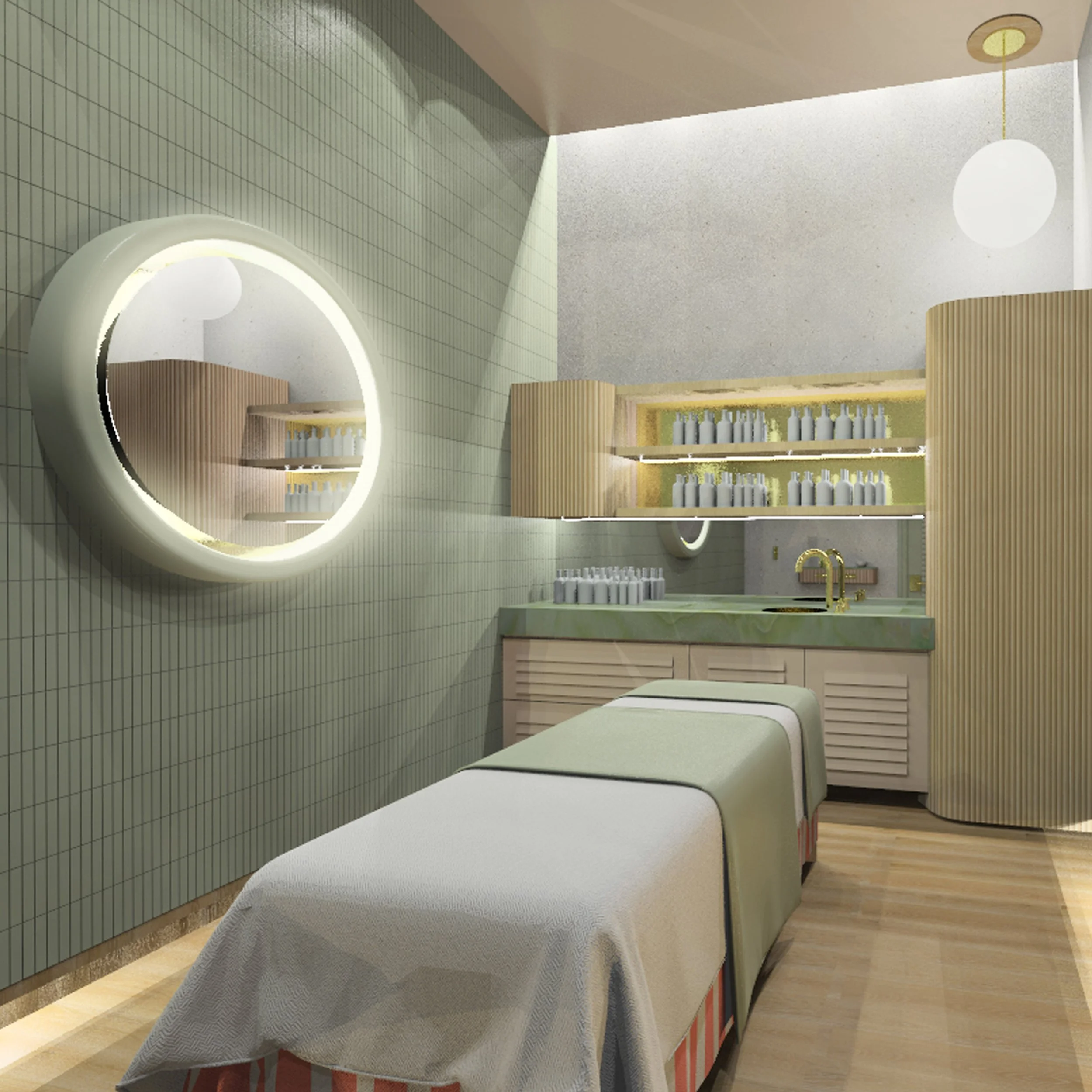 Modern spa treatment room with massage table, round illuminated mirror, shelves of skincare products, and ambient lighting.