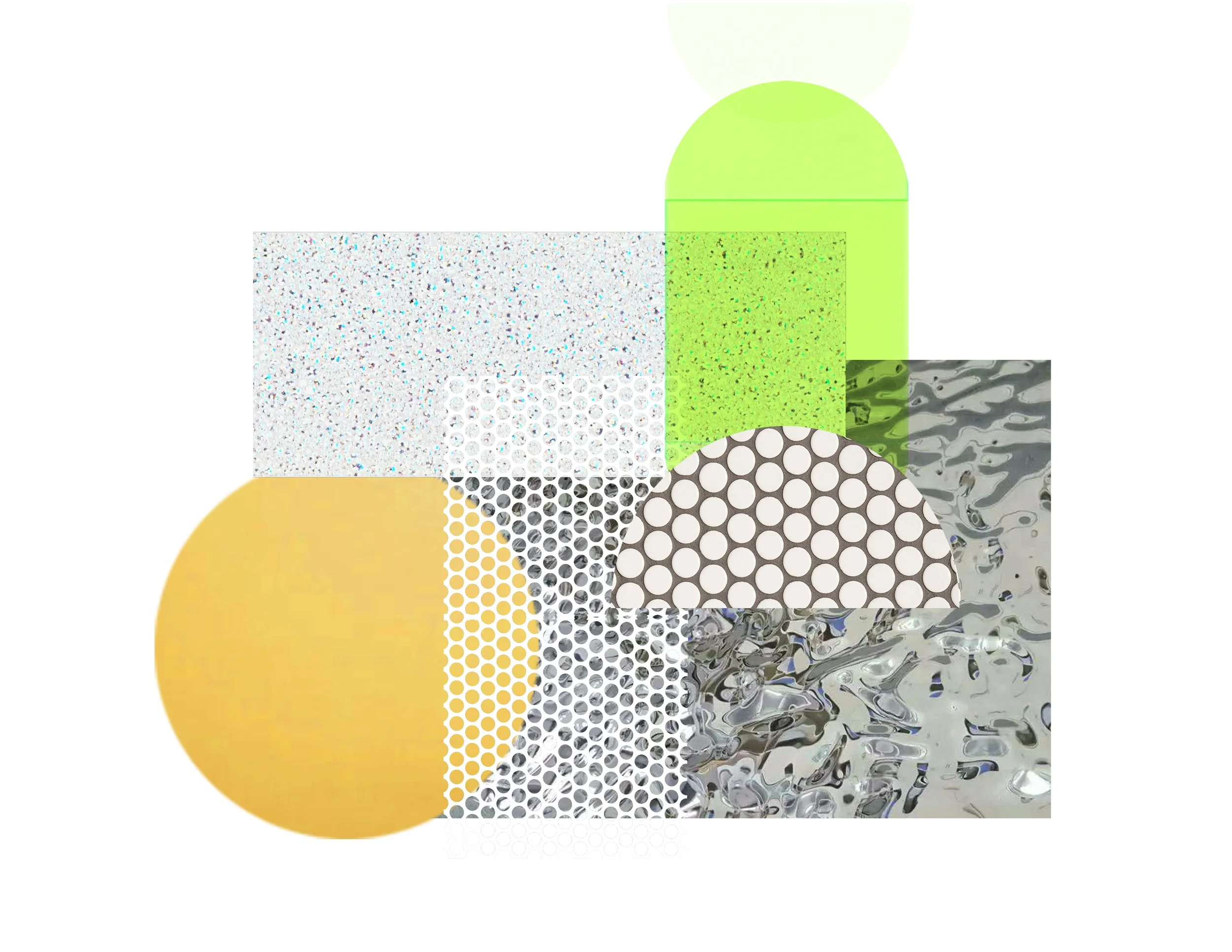 Abstract composition with geometric shapes and various textures, including circles, rectangles, and a wavy pattern, in colors like green, yellow, and gray.