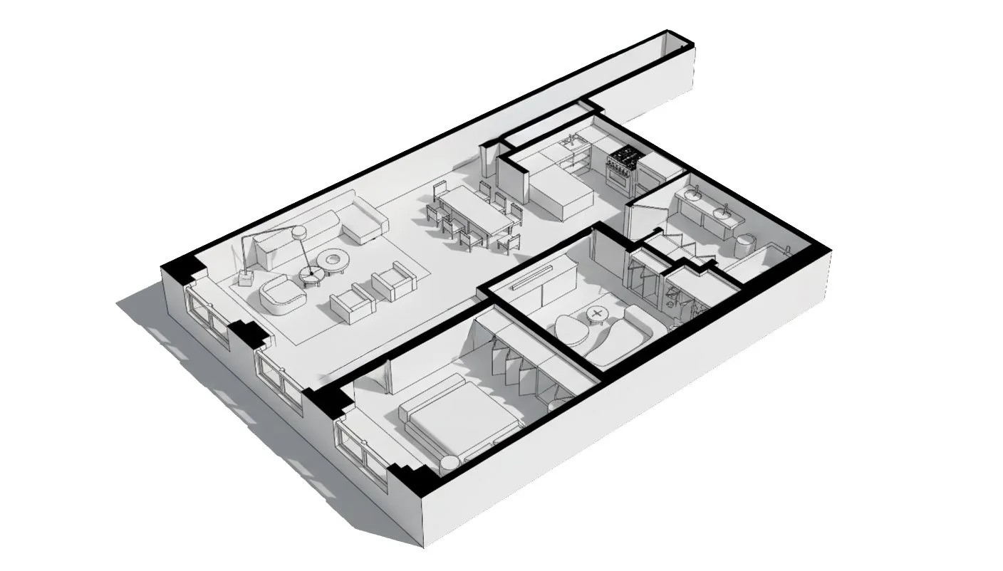 3D floor plan of an apartment showing a living room, dining area, kitchen, bathroom, and bedroom.