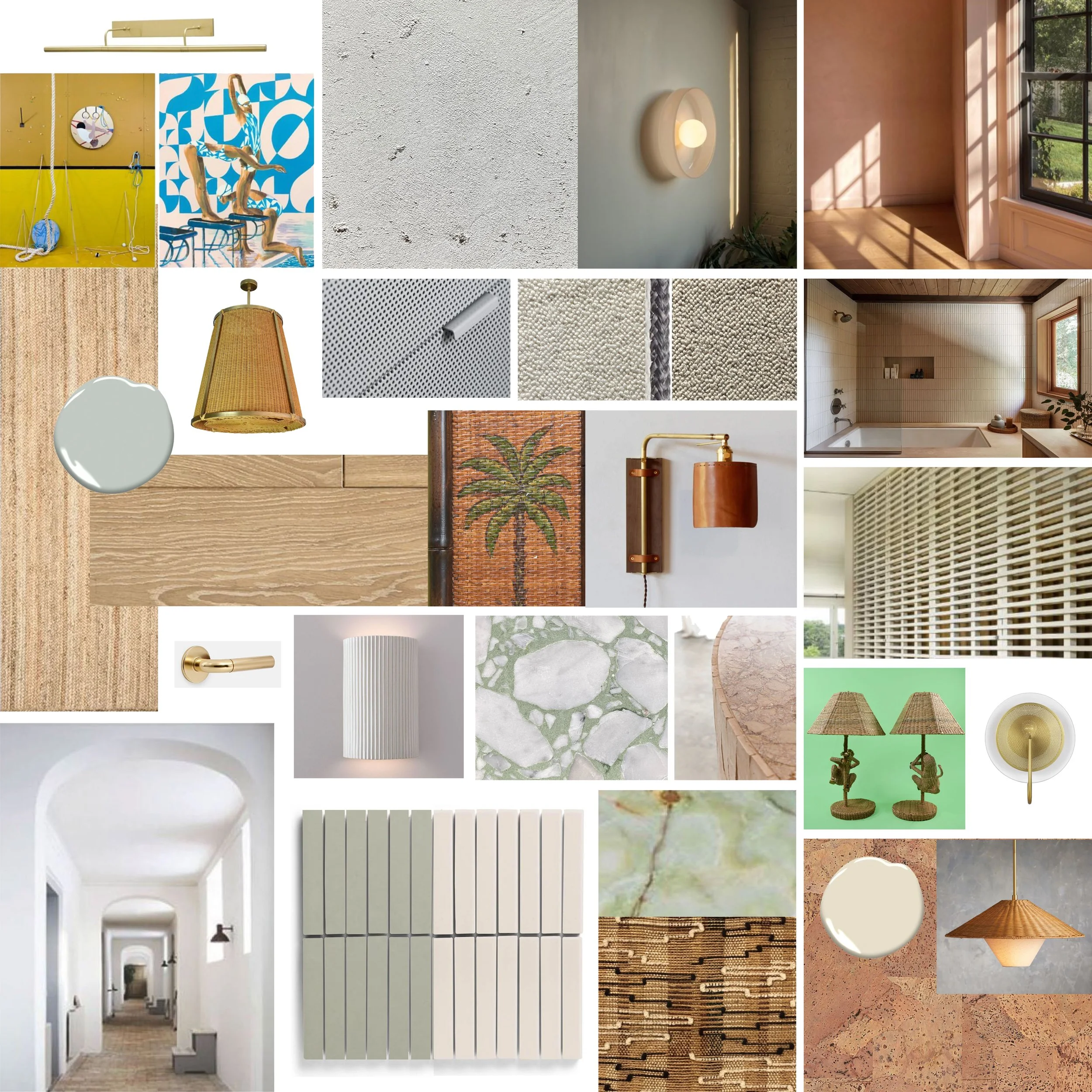 Collage of interior design elements including wall textures, lighting fixtures, fabric samples, tile patterns, and decorative items.