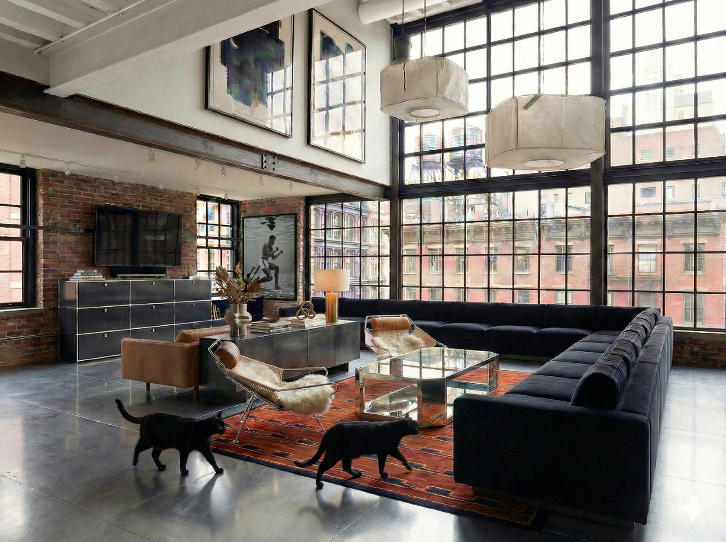 Illustration of a modern kitchen featuring white cabinets, an oven, a refrigerator, and a sink. There's a bowl of fruit on the counter and a large artwork on the wall. Hardwood floors and multiple cats are seen in the room, with some standing on cube-shaped furniture.