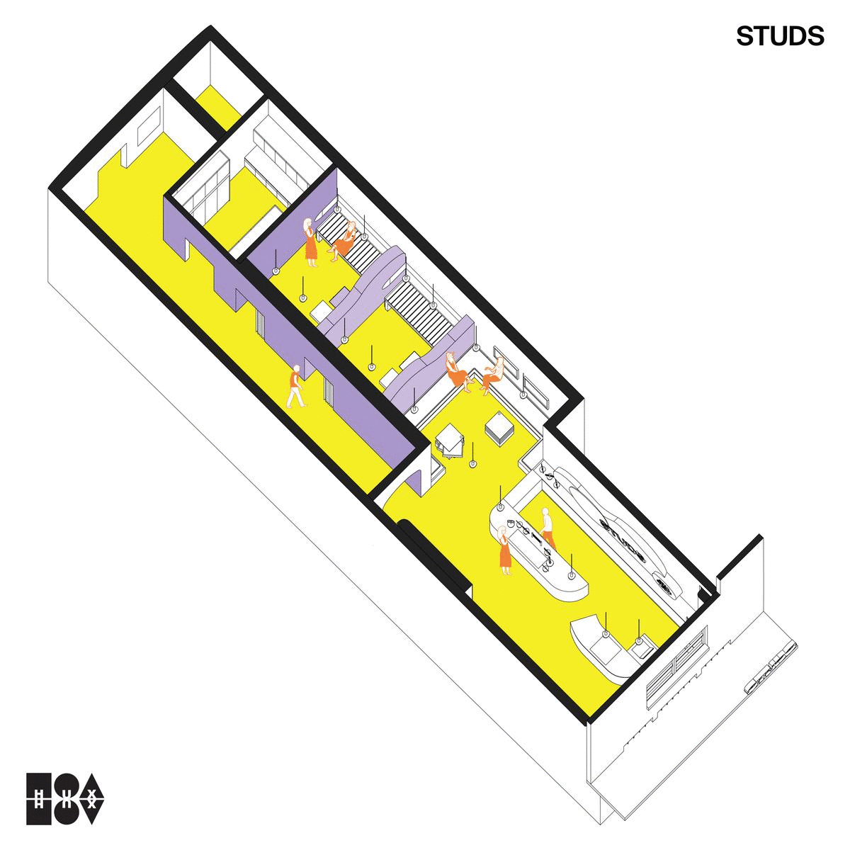 Isometric floor plan of a colorful interior space labeled 'STUDS', featuring distinct areas with furniture and people. The layout includes a kitchen, lounge areas, and corridors in yellow and purple tones.