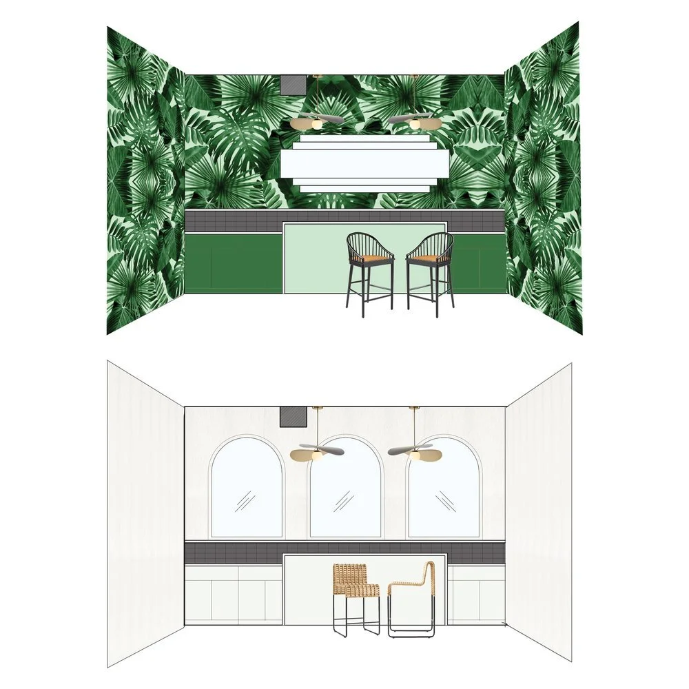 Two interior design mockups featuring bar areas. Top design: green tropical leaf wallpaper, green cabinetry, and two stools. Bottom design: white walls, arched mirrors, pendant lighting, and two woven stools.