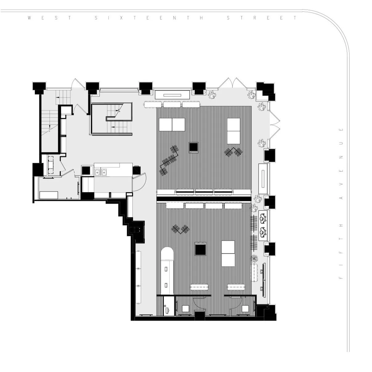 Architectural floor plan of a building with labeled streets, West Sixteenth Street and Fifth Avenue. The layout shows various rooms and areas, including an open living space, kitchen, bathrooms, and corridors, with furniture and fixtures indicated in detail.