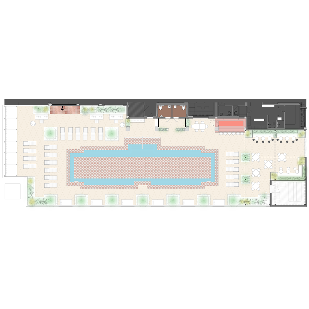 Architectural floor plan with swimming pool, lounge chairs, seating areas, and greenery. Includes pathways, a bar area, and dining tables. Layout suggests recreational space.