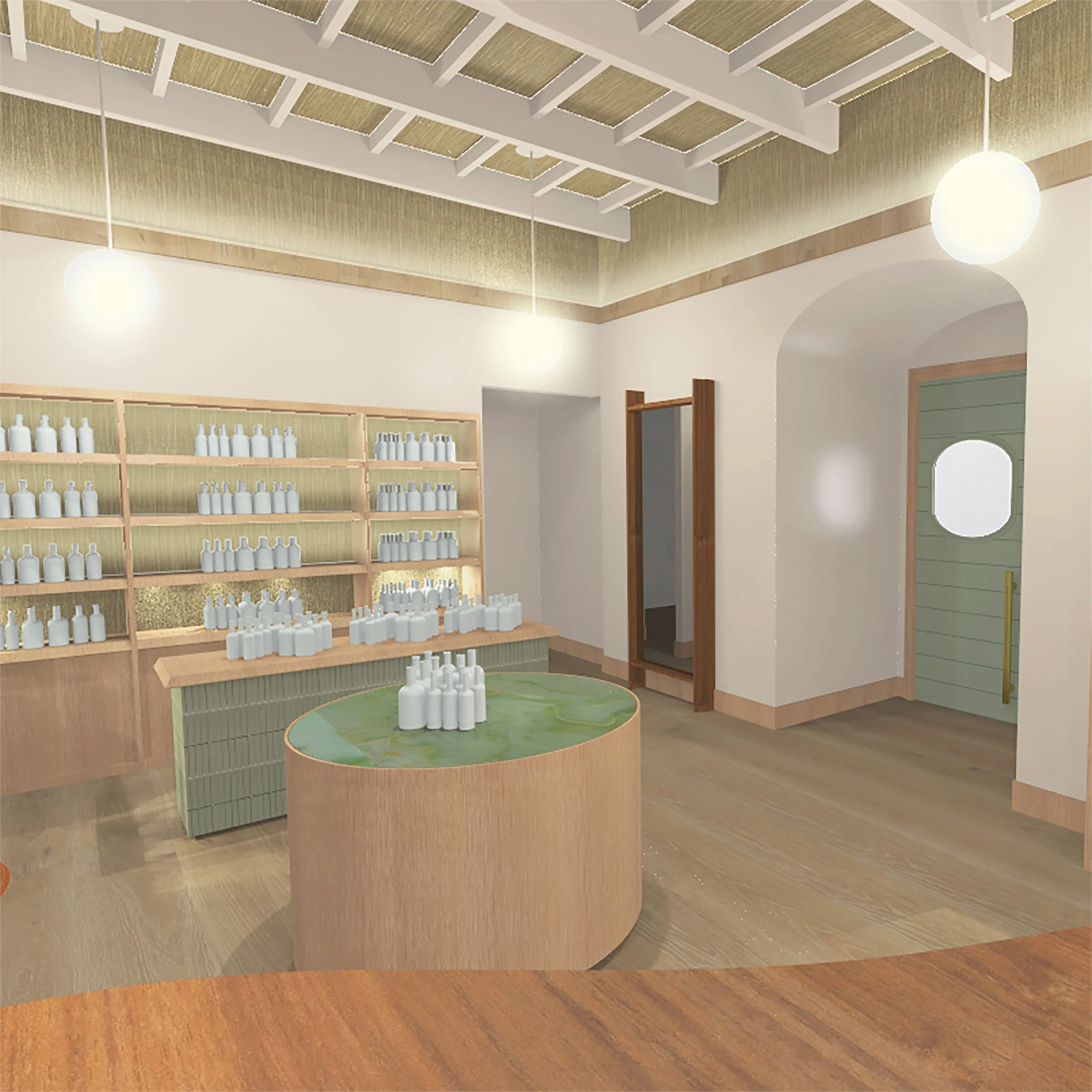 Interior of a modern minimalist store with wooden shelves and tables displaying white bottles, pendant lighting, and a green door.