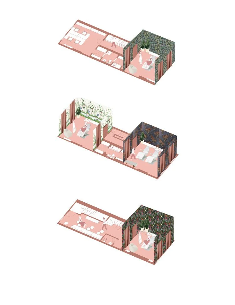 Isometric illustration of three different room designs with pink floors and patterned walls, depicting modern interior layouts with furniture and plants.