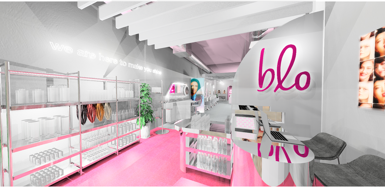 Interior of a modern salon with pink and white decor, featuring the logo "blo" on a wall, shelves with hair products, and seating area. Neon sign reads "we are here to make you shine".