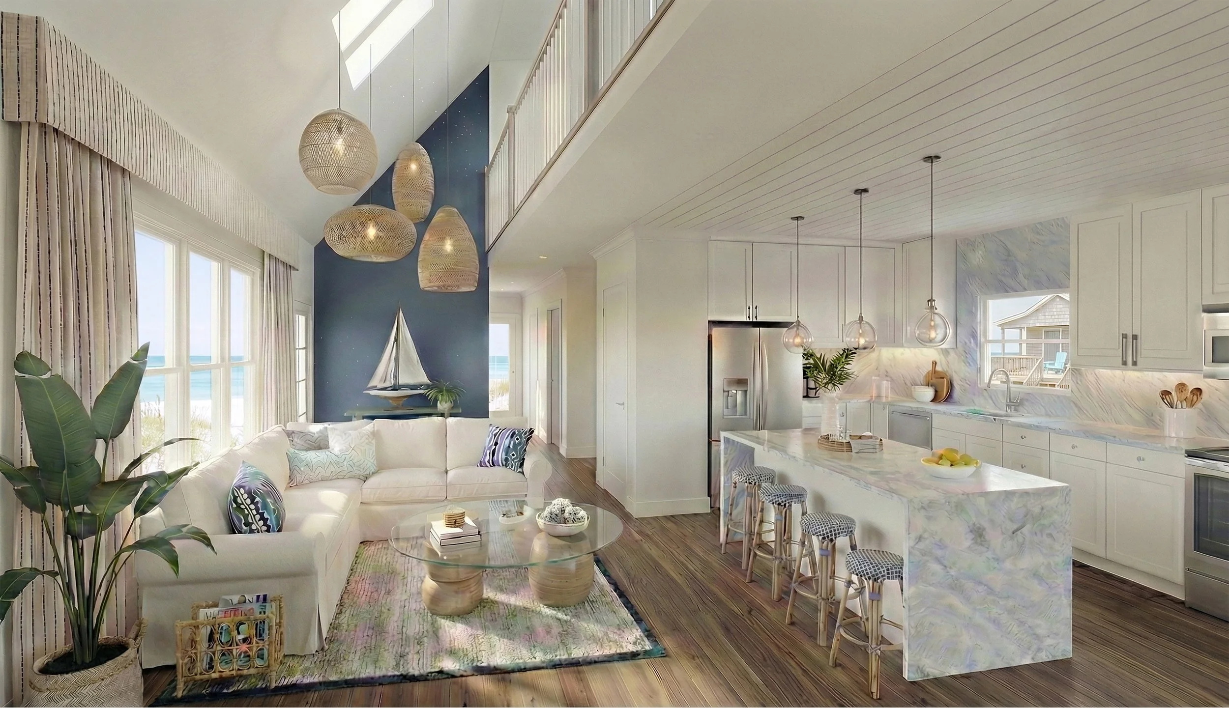 Illustration of a modern open-plan living room and kitchen with a nautical theme, featuring a large sectional sofa, round coffee table, kitchen island with stools, pendant lights, and a sailboat model on display.