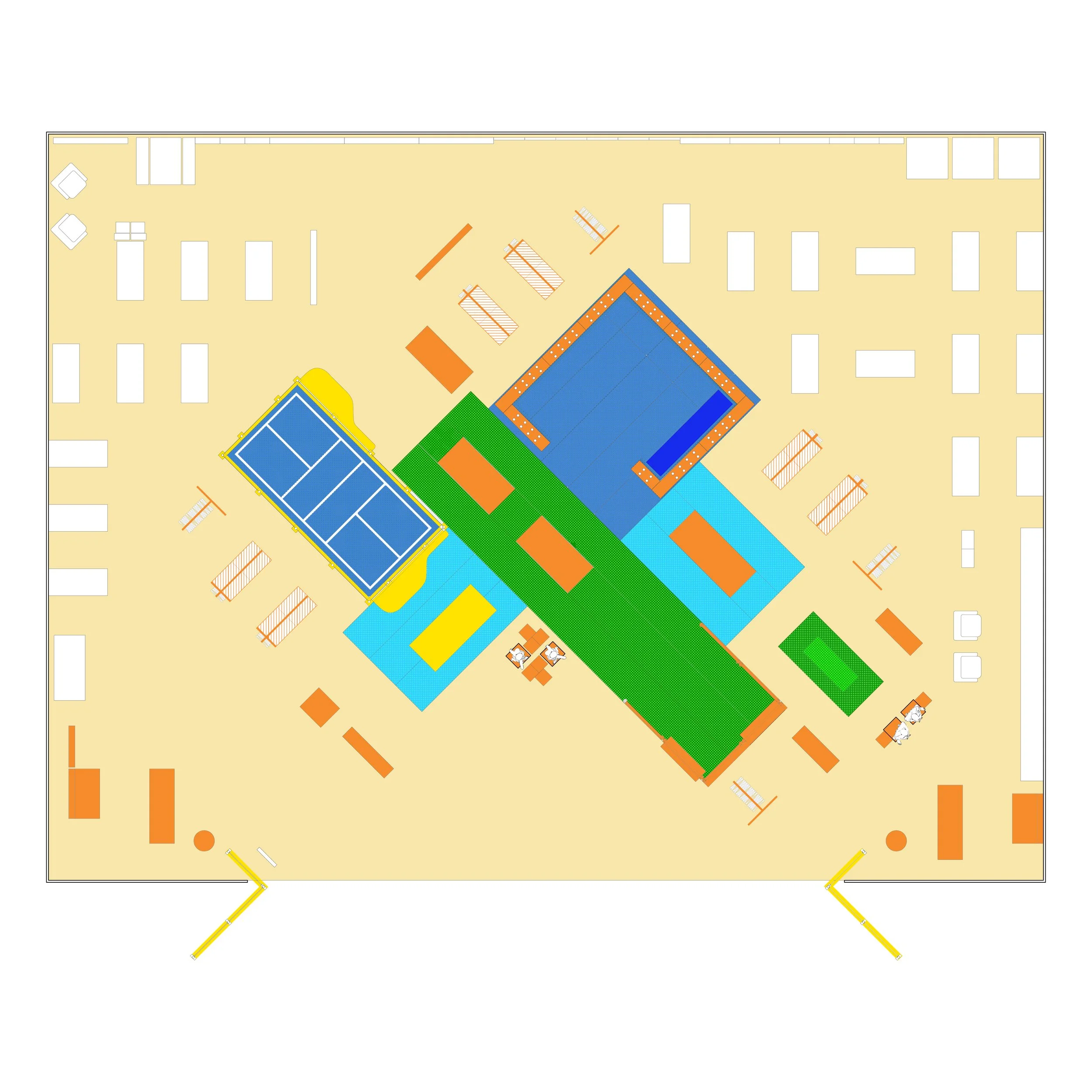 Colorful floor plan layout with swimming pool and tennis court