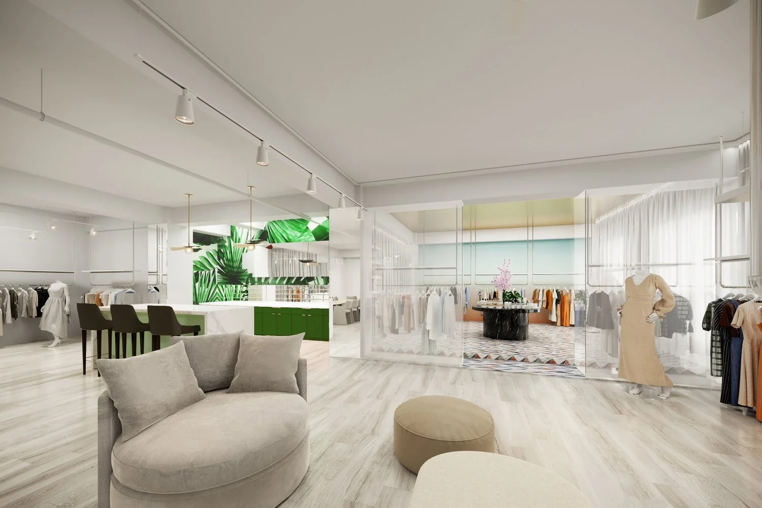 Modern boutique interior with clothes on racks, mannequin, round sofa, and green-themed decor. Stylish and spacious layout.