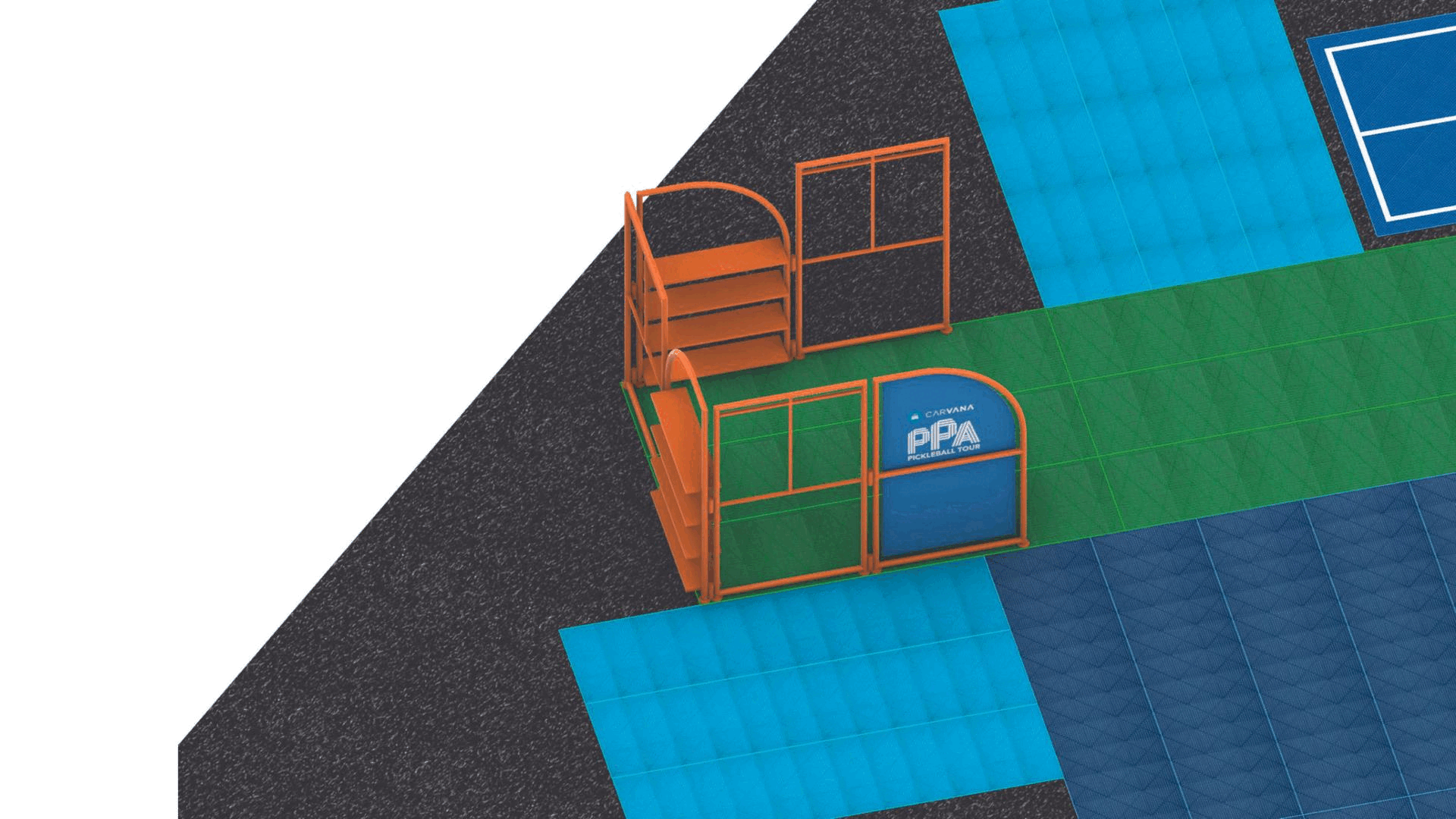 3D rendering of a pickleball court with colorful tiles and an orange entrance gate labeled "Carvana PPA Pickleball Tour."