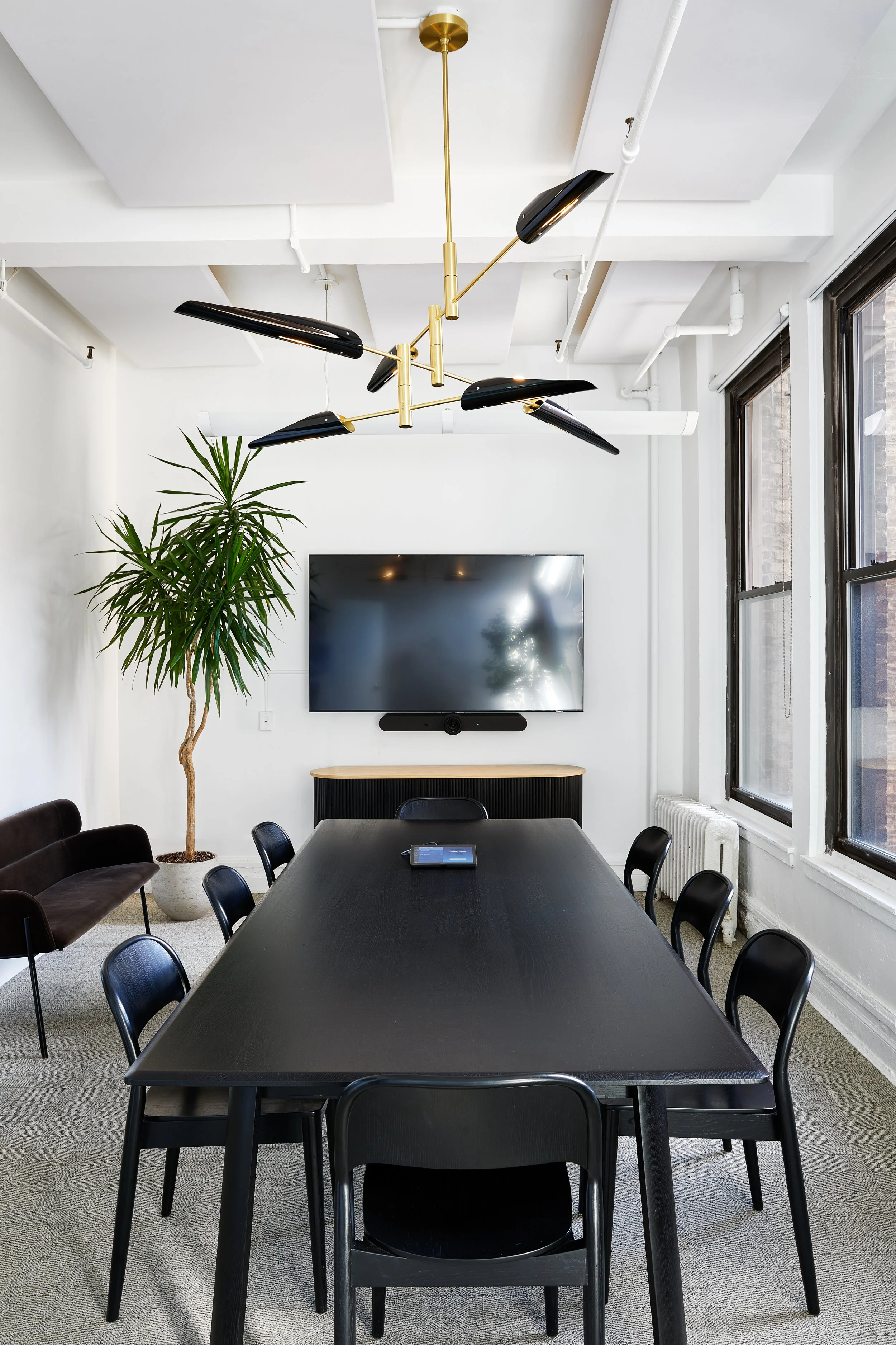Modern conference room with a long black table surrounded by black chairs, TV mounted on the wall, a large plant in the corner, and a contemporary chandelier hanging from the ceiling.