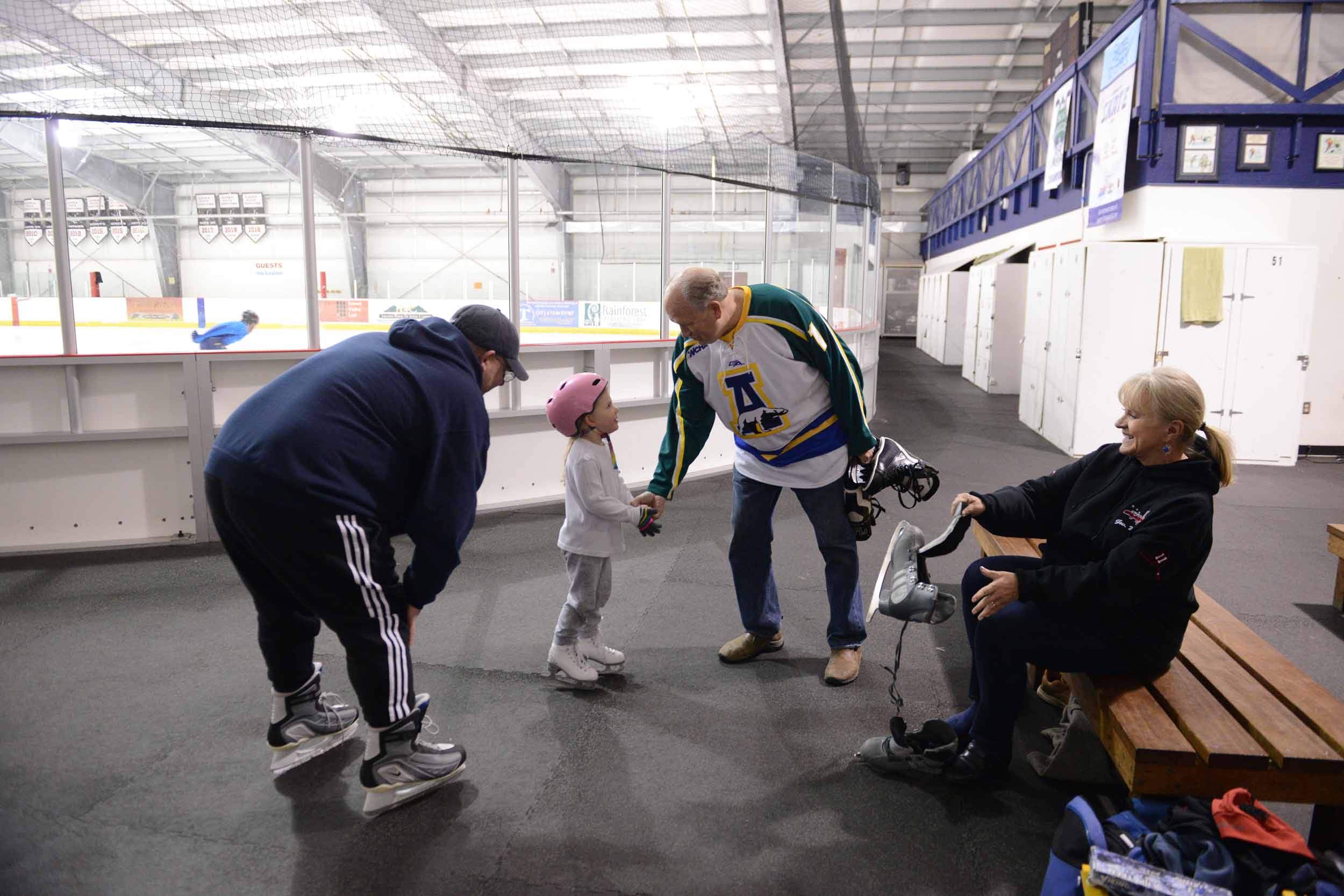  Governor Walker and First Lady Donna Walker greet a fellow skater at the Treadwell Ice Arena in Juneau, during the waning days of the administration. October 2018. 